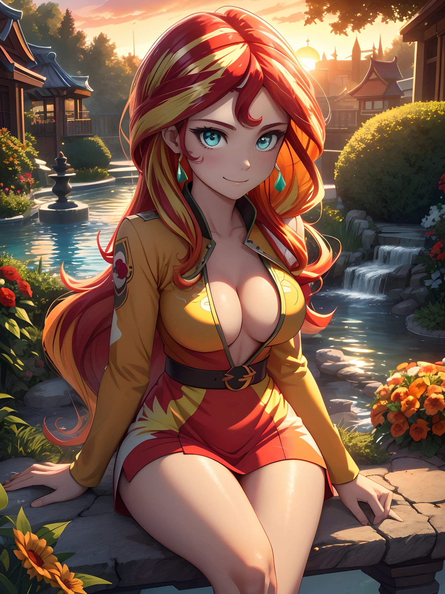 Sunsethuman, Sunset Shimmer, Sunset Shimmer from my little pony, Sunset Shimmer in the form of a girl, big breasts, lush breasts, voluminous breasts, firm breast, detailed hands, two tones of hair, red and yellow hair,sitting in a garden, red and orange flowers, solo, one character, red and orange dress, long sleeves,thin, no muscles, normal body, turquoise eyes, gentle smile, sunset, beautiful detailed garden