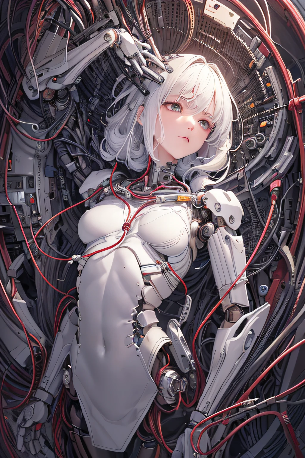 (((masterpiece))), (((best quality))), ((ultra-detailed)), (highly detailed CG illustration), ((an extremely delicate and beautiful)),(cute delicate face),cinematic light,((1mechanical girl)),solo,full body,(machine made joints:1.4),((machanical limbs)),(blood vessels connected to tubes),((mechanical vertebra attaching to back)),((mechanical cervial attaching to neck)),((powerless to fall down on the floor)),expressionless,(wires and cables attaching to head and body:1.5),(character focus),science fiction, white hair , perfect eyes ,((potrait)),((surrounded by many dead body android))((wearing white kimono))