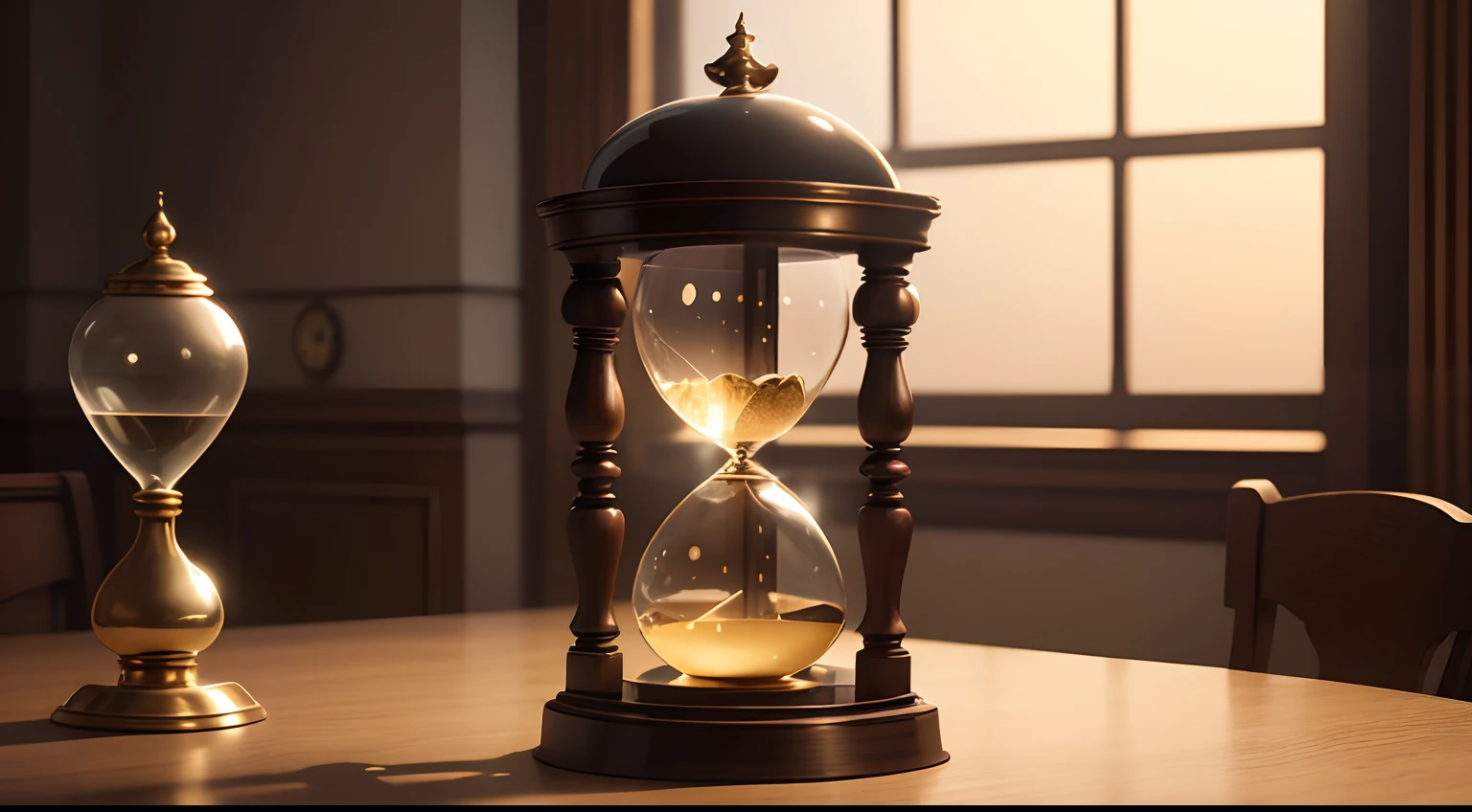 a mystical clock hourglass, elegant clock object on a table