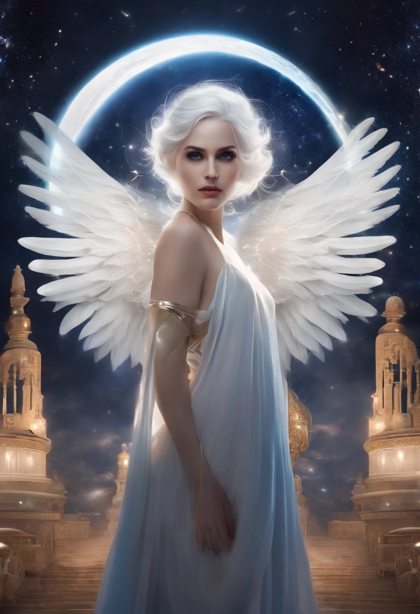 1girll, White hair, pupils in symbol shapes, Goddess of space, milky ways, Light particles, Light rays, the wallpaper, High contrast, Colorful,（（Naked）），Naked，Naked，Cradle pox