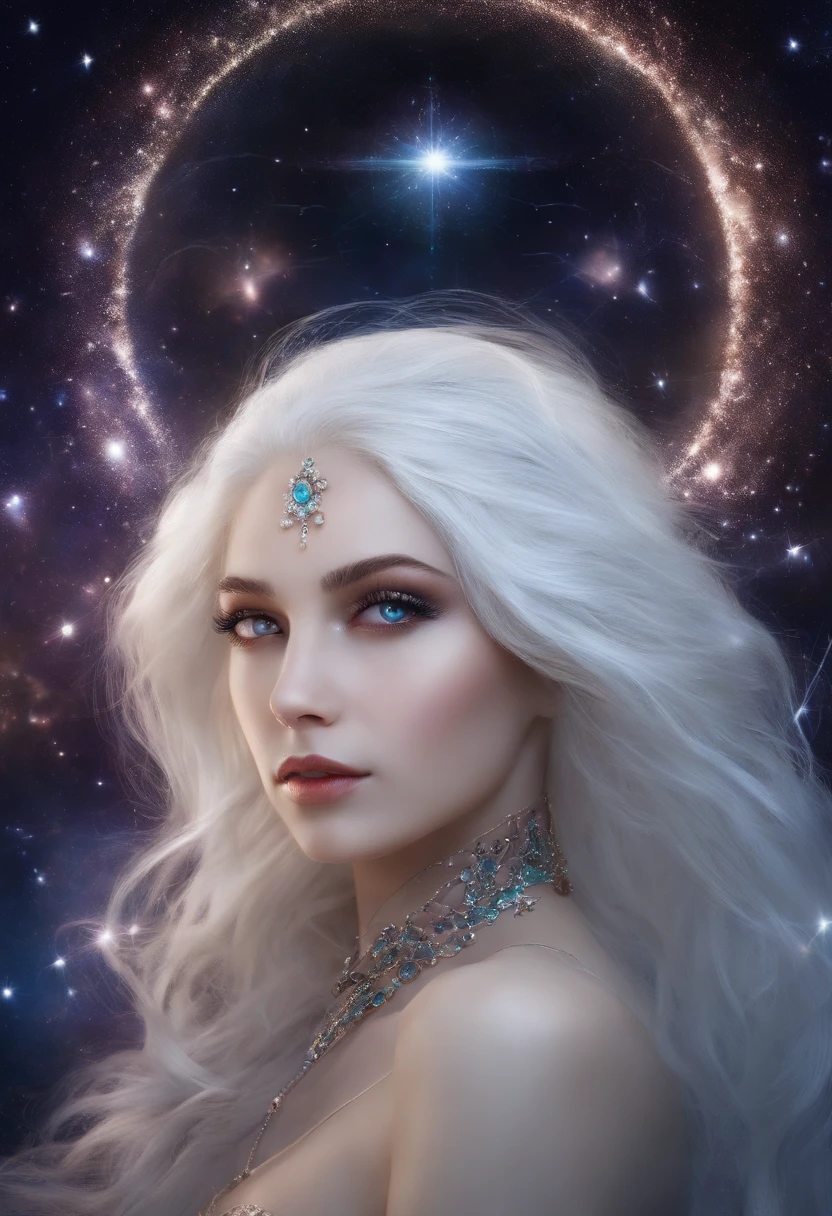 1girll, White hair, pupils in symbol shapes, Goddess of space, milky ways, Light particles, Light rays, the wallpaper, High contrast, Colorful,（（Naked）），Naked，Naked，Cradle pox