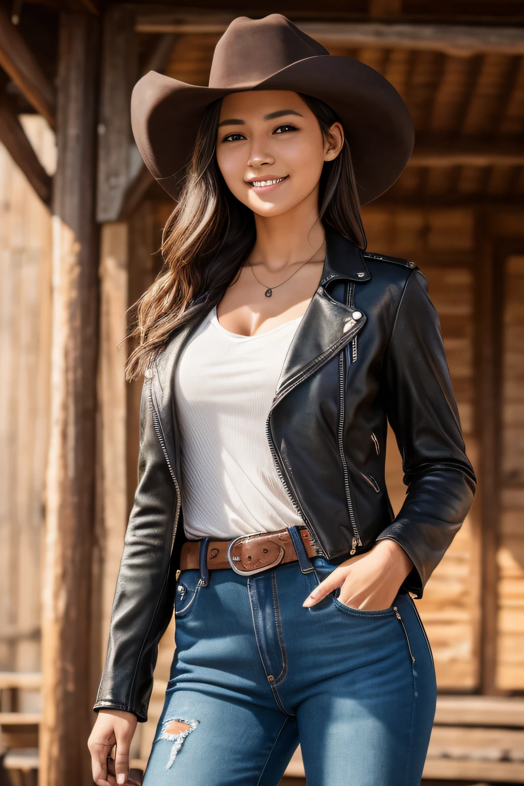 highres, masterpiece, perfect lighting, bloom, (RSEEmma:1.5), A captivating portrait of a female gunslinger, her gun raised and ready, emanating a sense of authority and prowess. Picture her with a determined expression, her steely gaze fixed on her target. Her sun-kissed complexion speaks of countless hours spent under the unforgiving sun of the frontier. Visualize her with flowing, chestnut hair cascading down her back, framing her face with rebellious curls. Her eyes, a piercing shade of emerald green, sparkle with a mixture of intensity and confidence. Dressed in rugged Western attire, she wears a weathered leather vest adorned with bullet casings, complemented by faded jeans and sturdy boots. Capture her in a powerful pose, showcasing her strength and skill as she brandishes her gun with a firm grip. Set against the backdrop of a sunlit desert or a rustic western town, utilize a medium telephoto lens to highlight her physical attributes and emphasize her role as a formidable female gunslinger.,