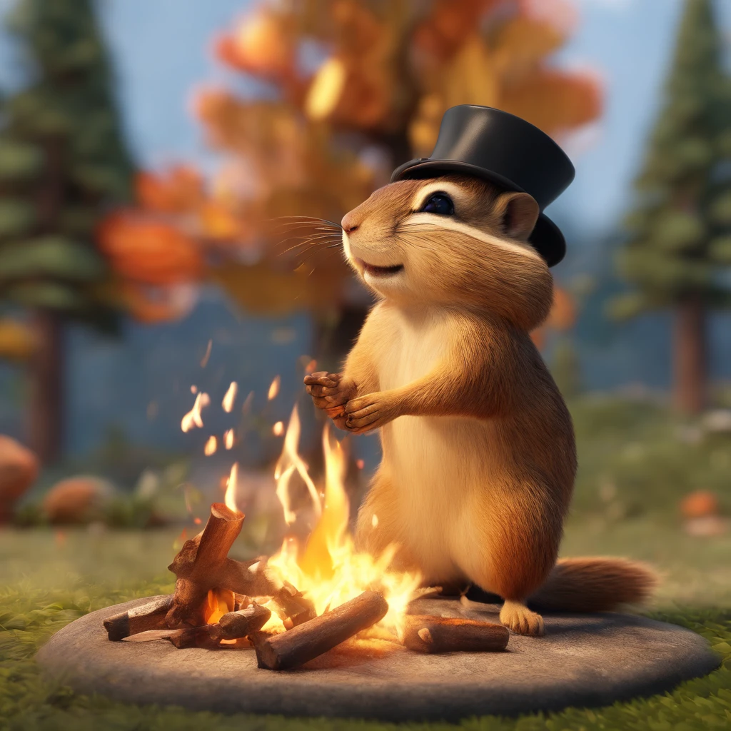 chipmunk, top hat, twig cabin, camp fire, acorn roasting on a spit