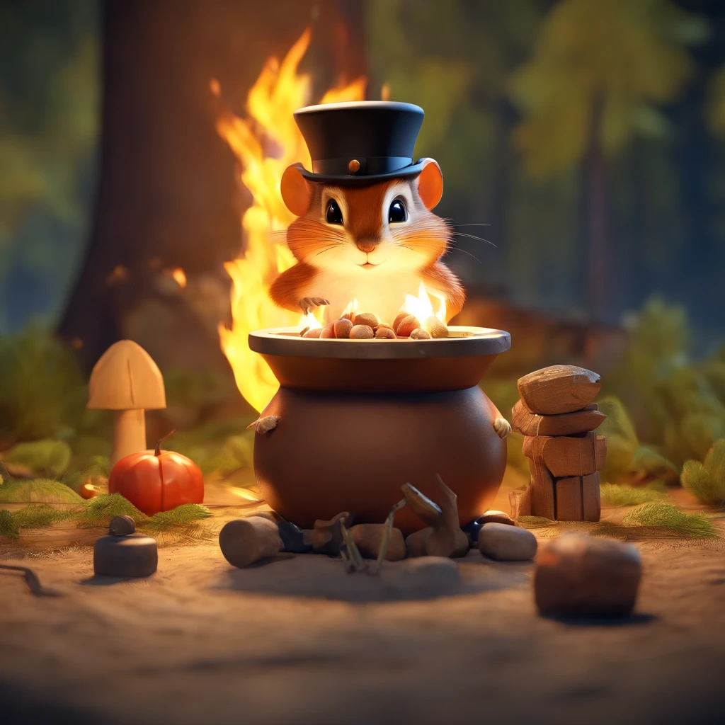 chipmunk, top hat, twig cabin, camp fire, acorn roasting on a spit