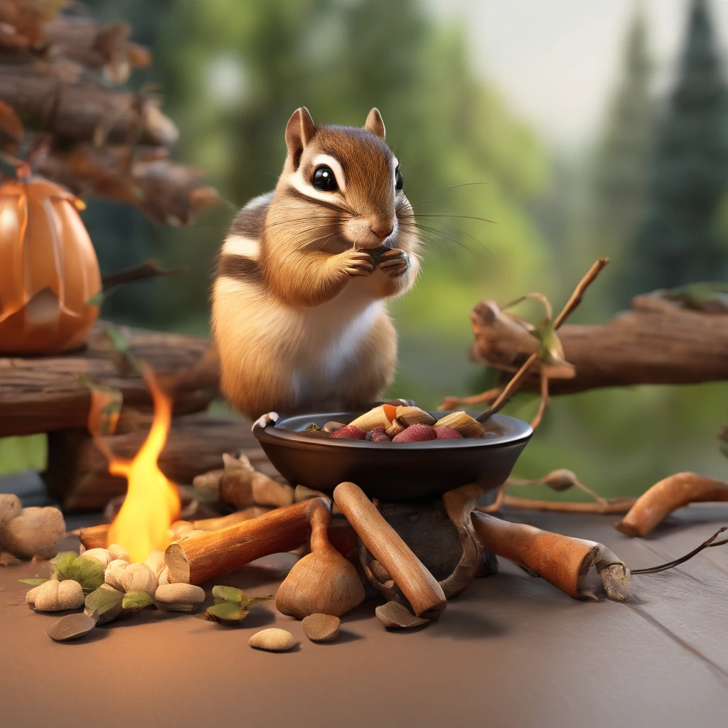 chipmunk, top hat, twig cabin, camp fire, acorn roasting on a spit