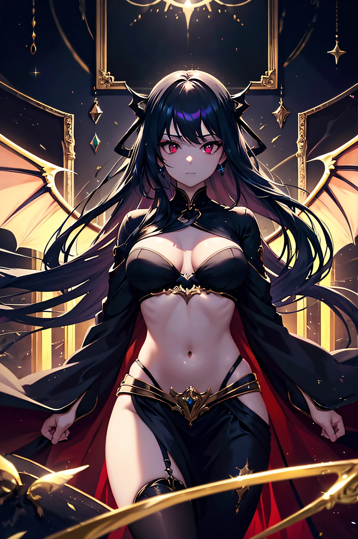 Succubus, bat wings, Hair is black, The glow of the rainbow envelops her,Gold Glow in Aquamarine Oriental Tent、Belly dancer in long white dress and blue blouse , Iridescent sky, Crystal Ocean, Sea life,the golden hour, No hands, focus on hips, Focus on Eyes, Eyes open, red eyes , Cyberpunk, Full Focus, Focus on the face, Eyes, Nose and closed mouth , ultra detailed artistic photography, midnight aura, nigh sky, Detailed gorgeous face, Dreamy, blazing, Back lighting, Glamour, glimmer, shadowy, oil on canevas, brushstrokes, Smooth, Ultra high definition, 8K, unreal enginee 5, Ultra Sharp Focus,, ArtGerm, Roisch, nffsw, intricate artwork masterpieces, sinister, matte painting movie poster, Golden ratio, Trending on CGSociety, Convoluted, epicd, Trending on ArtStation, Highly detailed, Vibrant, production cinematic character render, Ultra high quality model