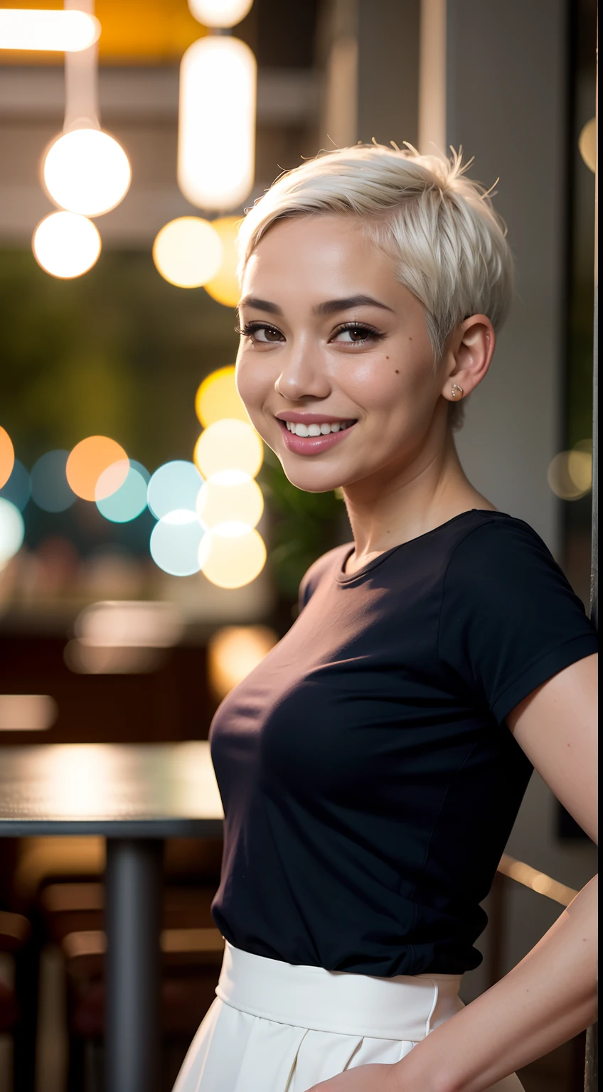Malay girl, very short white hair, pixie cut hair, wear Artsy style outfit, laughing and posing with hand on head, touching her own head, wear handbag, from back view, windy, detail skin, age spot, detail skin texture, mole below eyes, small breast, flat chest, wide hips, small waists, thick thighs, slim abs, beautiful body, nighttime, laughing, happy, bright lighting, crowded cafe, blur background, bokeh,