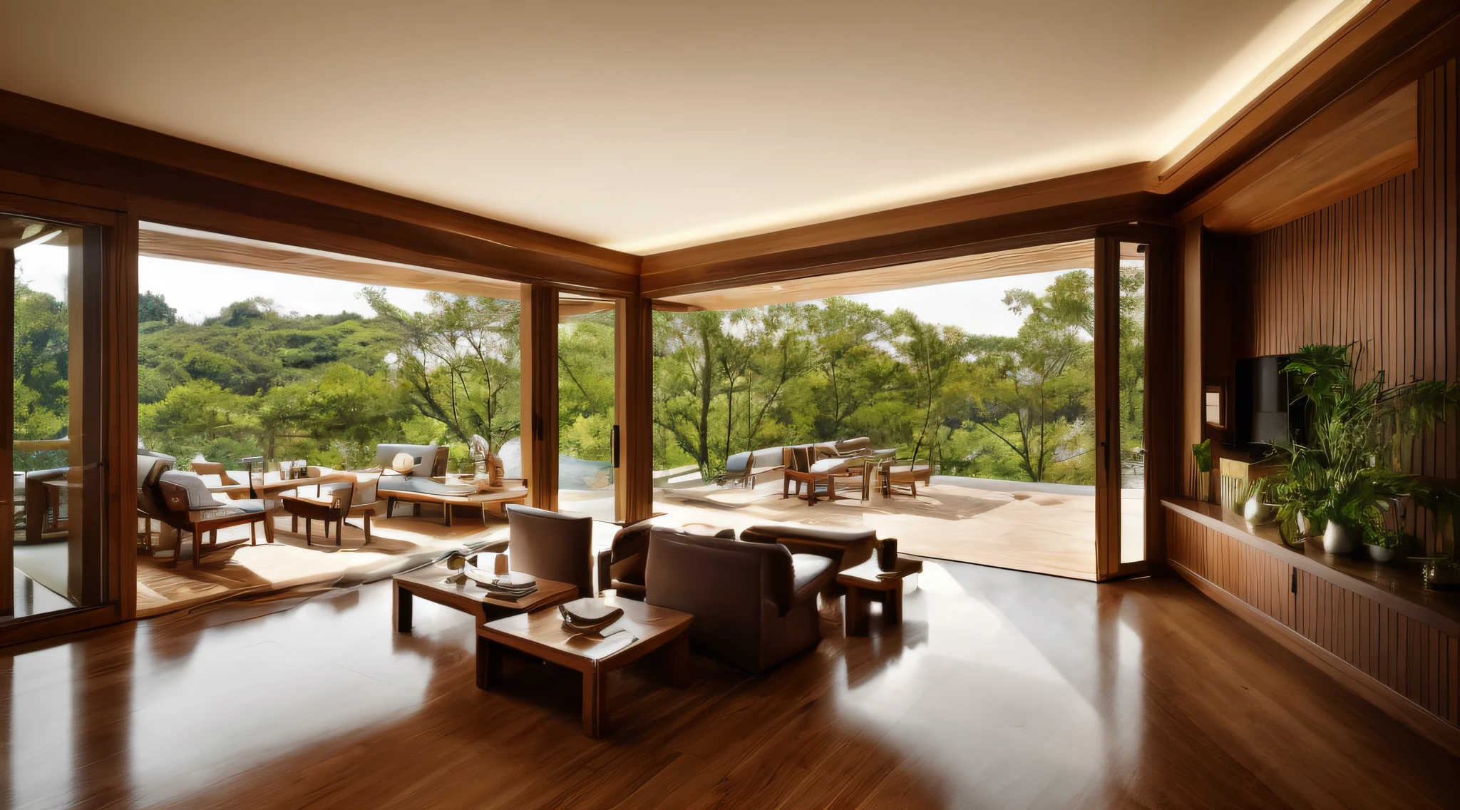Interior design, amazingly detailed wide angle architectural photography, cozy designer living room (warm bright sunlight 1:0.1), award-winning contemporary interior design, landscape, table, chair, interior, hardwood floor, window, restaurant, east asian architecture, sliding doors, lamp, architecture, forest, nature, cup, plant, INTERIOR DESIGN, interesting lights and shadows, depth of field