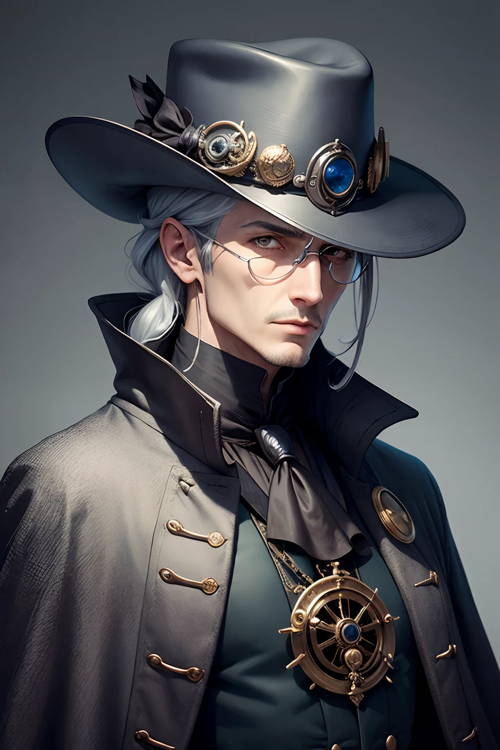 a close up of a person wearing a hat and coat, a silver monocle, Machiavellian Puppets, official character art