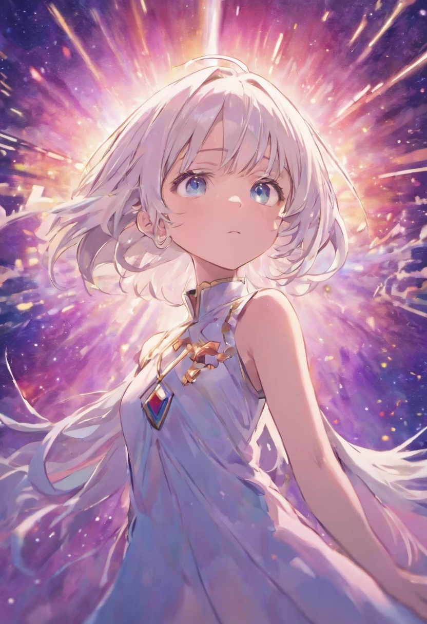 1girll, White hair, pupils in symbol shapes, Goddess of space, milky ways, Light particles, Light rays, the wallpaper, High contrast, Colorful,((Bare upper body))