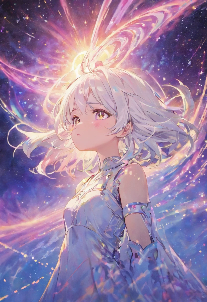 1girll, White hair, pupils in symbol shapes, Goddess of space, milky ways, Light particles, Light rays, the wallpaper, High contrast, Colorful,((Bare upper body))