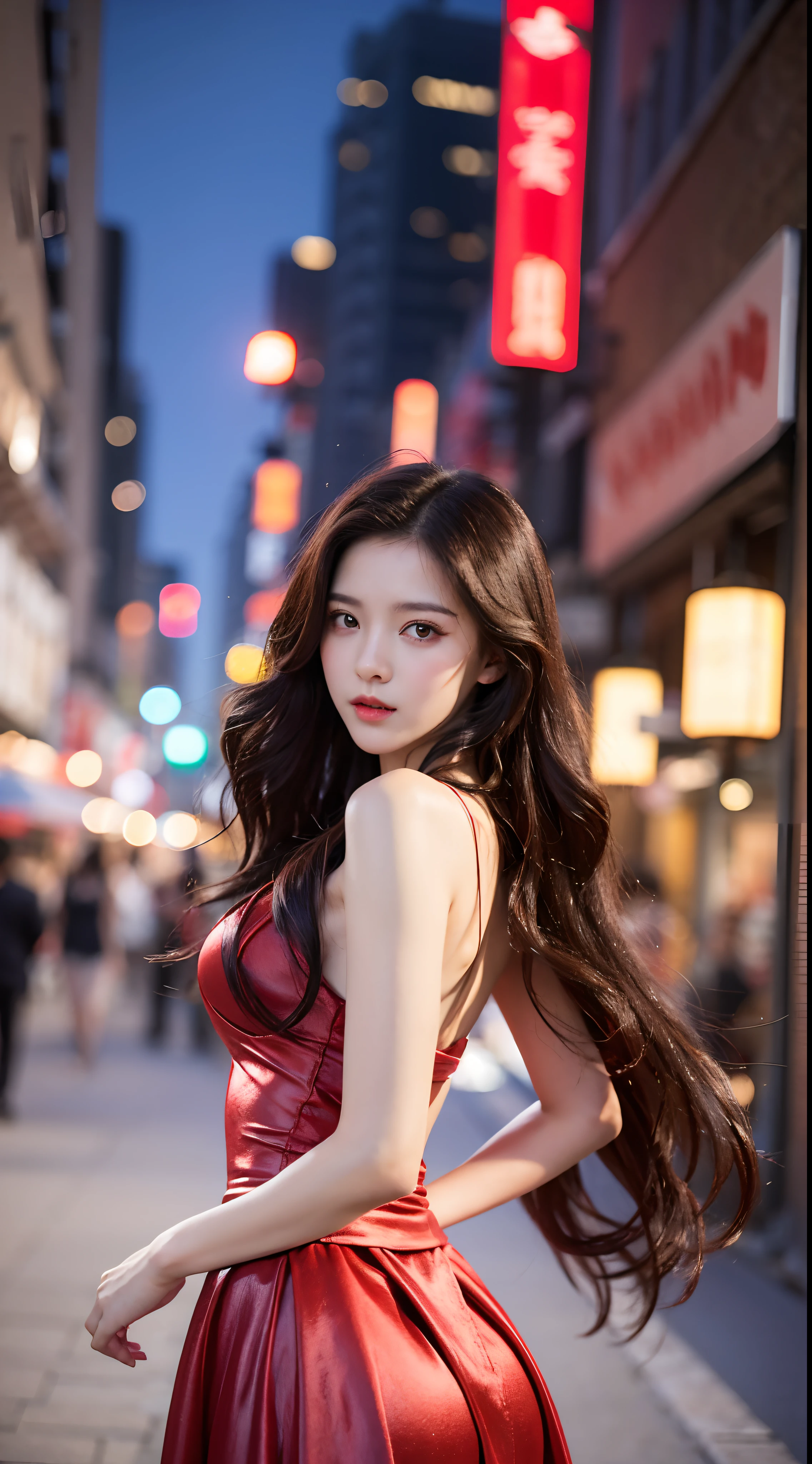 Lovely 17 year old woman, Long brown hair, Brown eyes, Sexy expression，Random actions,Red evening dress,the street lights,neonlight,Bustling street background,(Thin waist:1.1,Princess Eyes),  High quality, Masterpiece, Highly detailed，Seductive eyes