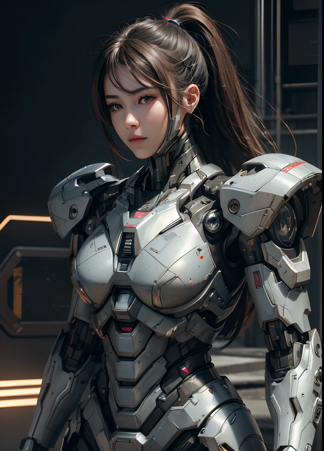 Textured skin, Super Detail, high details, High quality, Best Quality, hight resolution, 1080p, hard disk, Beautiful,(War Machine),beautiful cyborg woman,Mecha Cyborg Girl,Battle Mode,Girl with a Mecha Body,She wears a futuristic war machine weapon mech,Fulll body Shot
