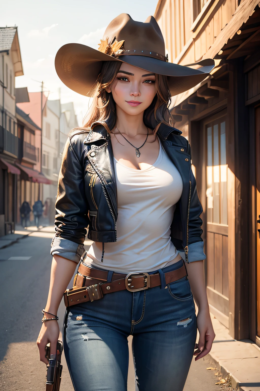 Townscape of western movie setting,wooden building,Soil land,signboard,Sheriff in cowboy fashion,Gunslinger Costume,Short leather jacket with open front,Torn and tattered damaged jeans,Wrap the gun belt around your waist,holster,Cowboy Hat,Generate images of beautiful women around the world,Especially while reflecting elements of Western beauty,Woman with natural smile and attractive expression,Woman with natural smile and attractive expression,Transparent skin,sparkle in eyes,Expresses an elegant atmosphere,(in 8K, Raw photo, Best Quality, masutepiece),bloom,Sunlight ,Cinematic lighting,(Realistic, Photorealsitic),