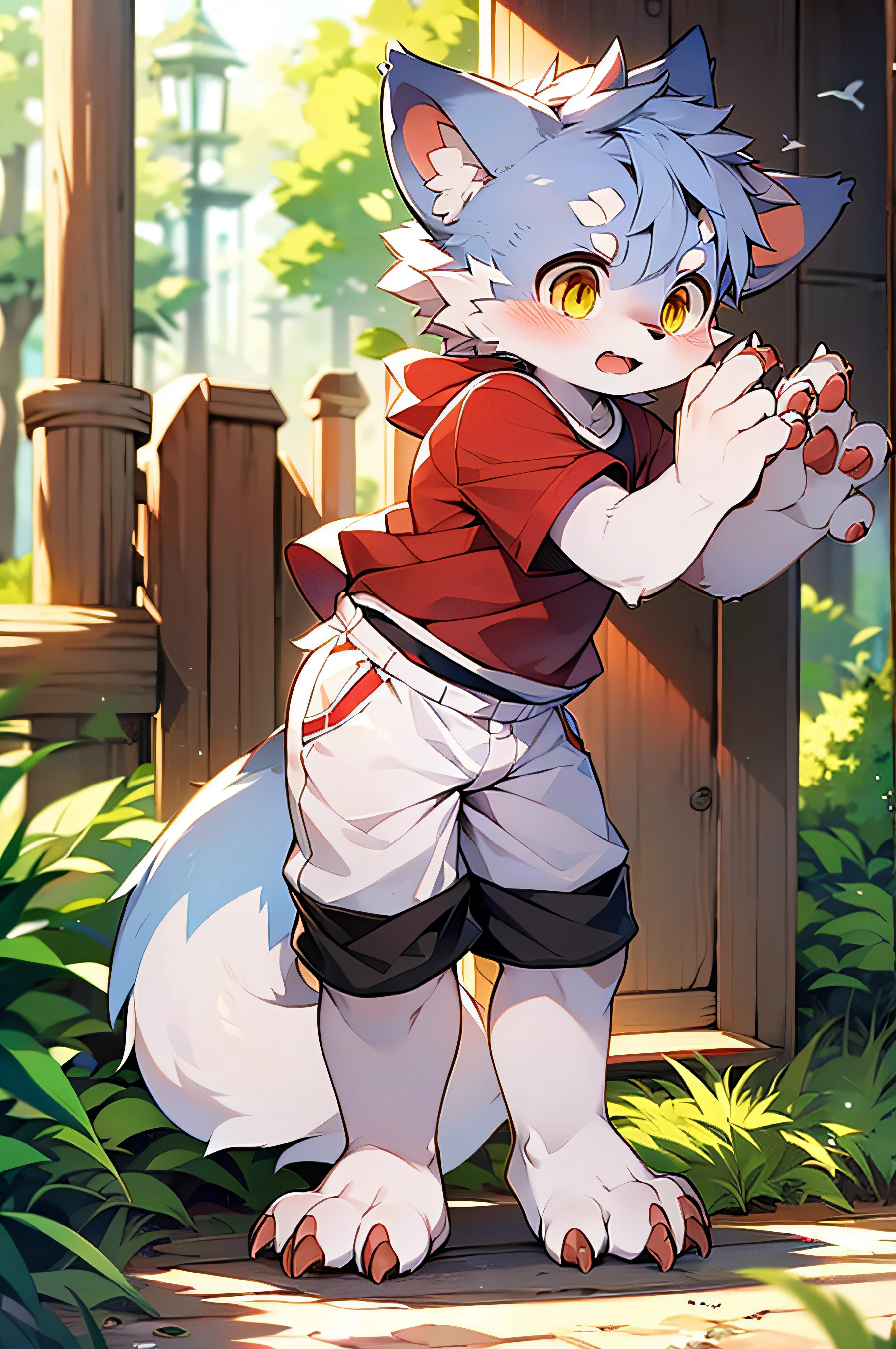 shaggy，grey fur，male people，canid，arctic fox，solo person，sharp talons，Detailed fur，Golden eyes，Thick eyebrows，Fluffy tail，red short sleeves，short white pants，ultra - detailed：1.0，Libido boy，toddlers，（Via Dagasi：1.1），anatomy correct，Red Claw，Bare claws，Barefoot paws，Barefoot paws，standing on your feet，attention