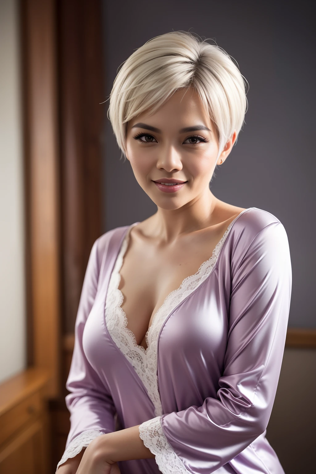 Matured Malay wearing sexy satin lace lilac color pajamas portrait photography, very short white hair, pixie cut hair, 35 years old, mid shot photo, ultra detail, professional photograph with professional lighting, smile, light blue studio background, sexy seducing pose, curvy,