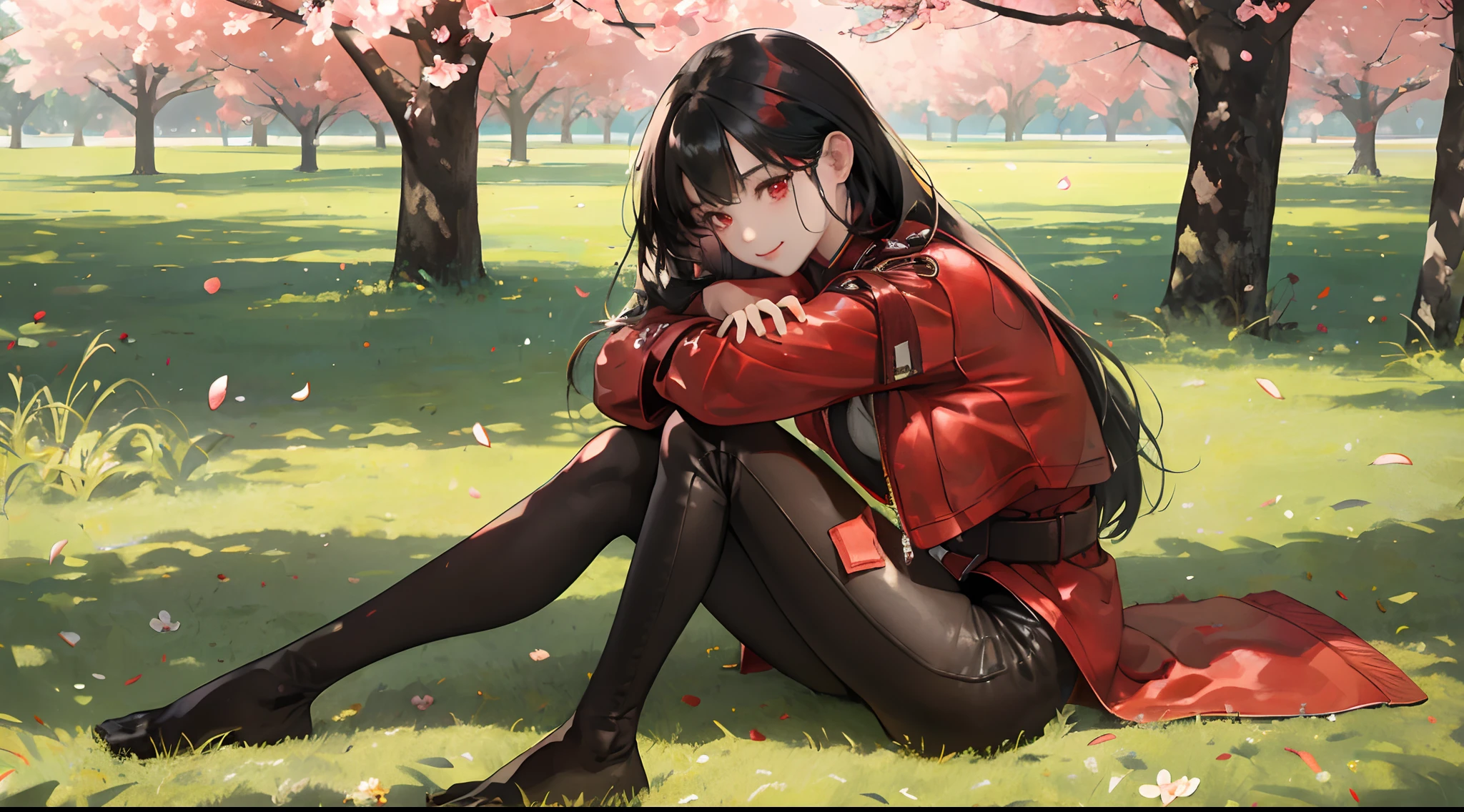 Samyang、
An 18-year-old woman, , red eyes, Red highlights on black hair, sharp eye,Sit on the lawn,Space with depth,Green meadow background, cherry trees, The cherry tree,Sitting rough,ssmile, look up to, Long straight hair, profile, Intricately decorated red leather jacket, Tight leather pants,cross belt,独奏,Full body close-up,Delicately reproduced realistic illustrations,Realistic skin texture reproduction,Sakura blizzard
、((masterpiece))