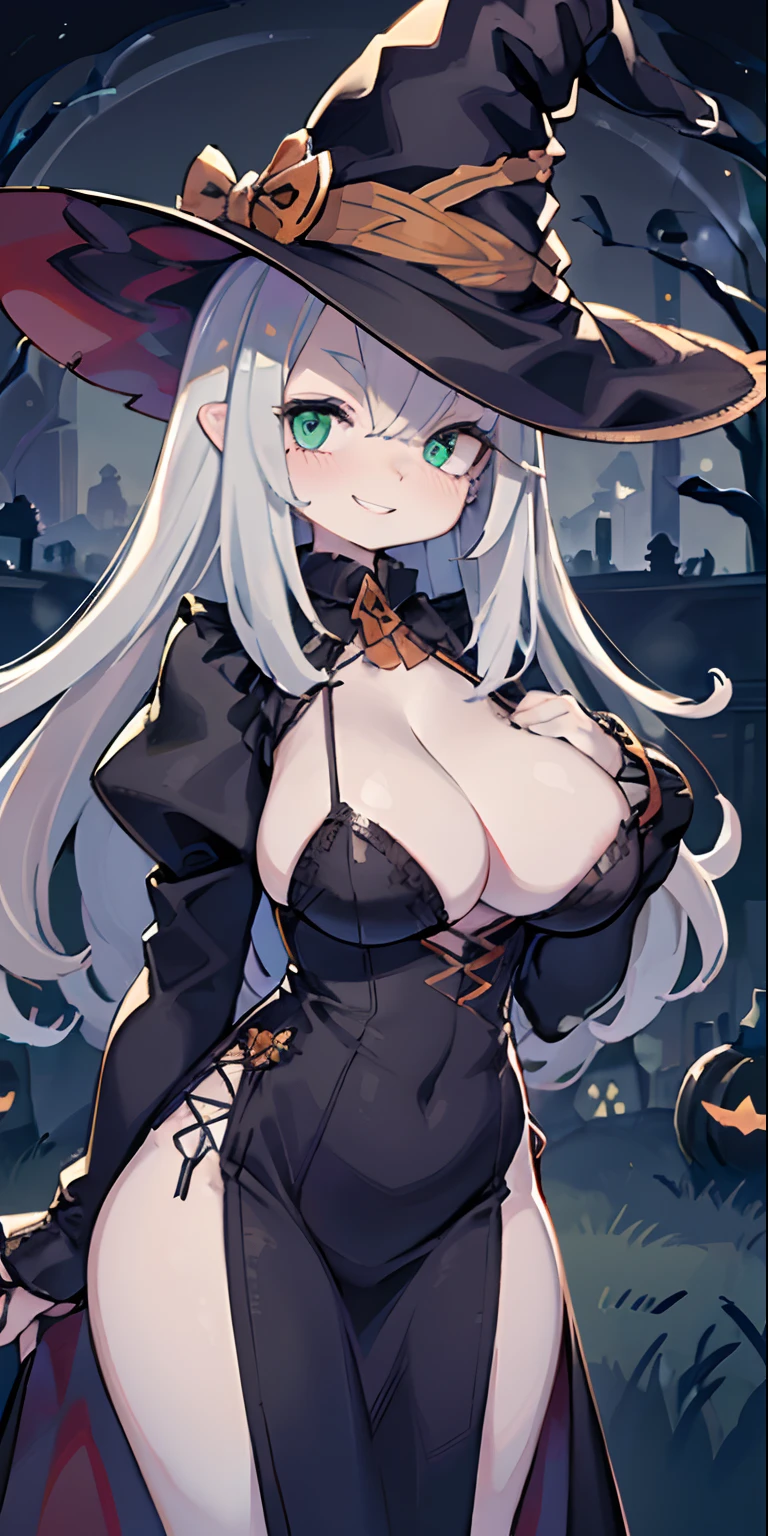 ((perfect anatomy)), a woman, 25 years old, green eyes, eyebrows, nose, hearing, mouth, detailed lips, teeth, hair, (smiling), big silver hair, neck, big chest, witch costume, detail on outfit, ((background scene)), earth effect, halloween effect, halloween background, dark scenery