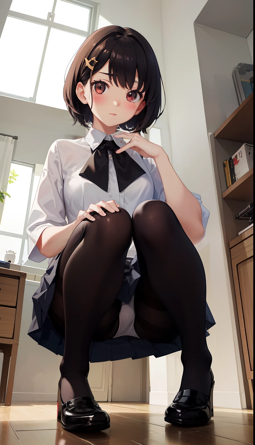 1girl in、Front-facing、Composition from below、crouching down、Panchira、Full body portrait、brown haired、Shorthair、Medium haircut、red blush、Absolute Area、Black knee socks、Black knee high、Black stockings、Black pantyhose、Black Lace Pantyhose、White underwear、white  panties、No shoes、Shoes are taken off、White pleated skirt、student clothes、Japan High School Student Uniform、summer clothing、Bedrooms、inside the house、during daytime、（small tits）、((full bodyesbian))、​masterpiece、（top-quality）