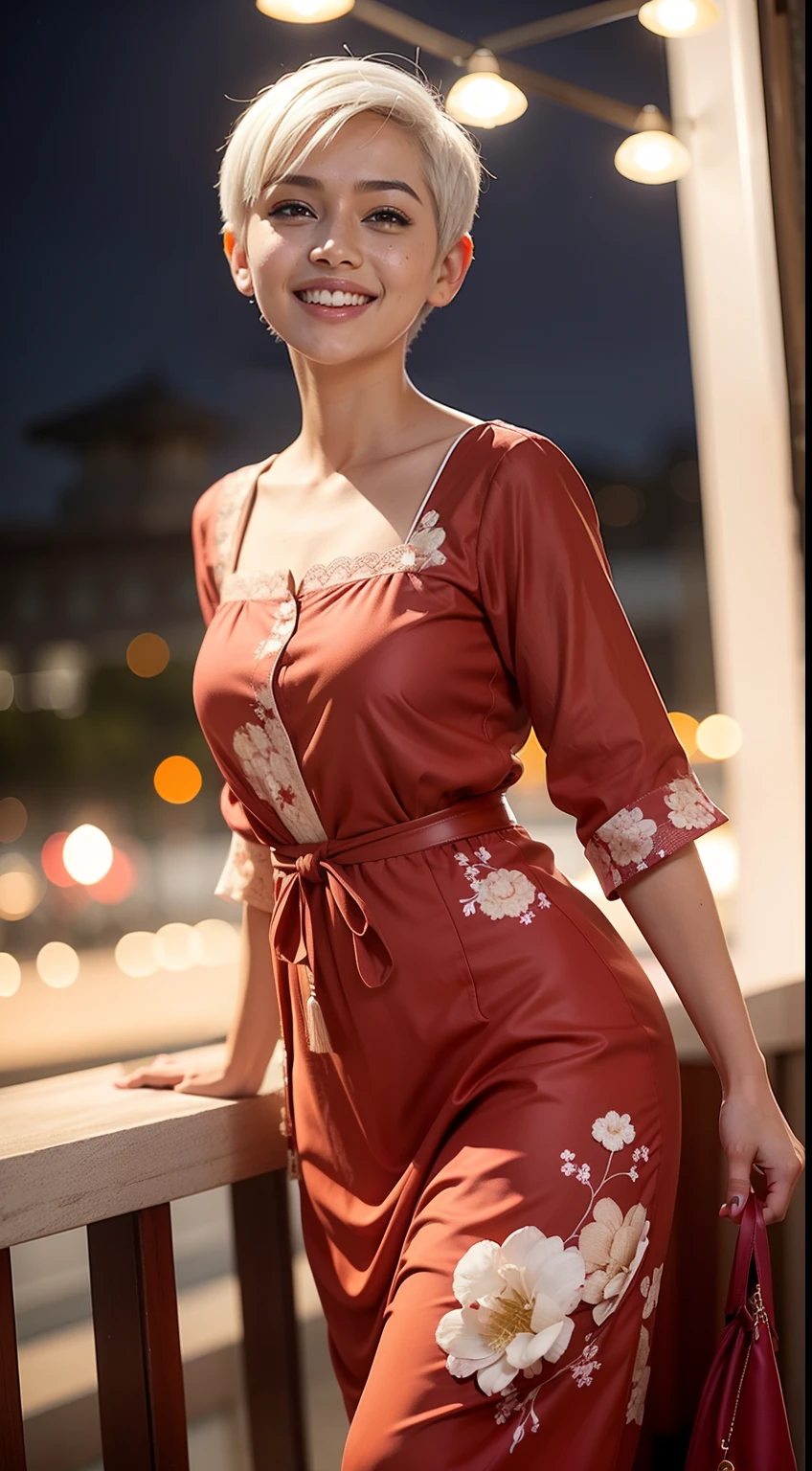 Malay girl, very short white hair, pixie cut hair, wear light plain pastel red loose-fitting full-length dress with small floral pattern, ((baju kurung)), laughing and posing with hand on hip, wear handbag, from back view, windy, detail skin, age spot, detail skin texture, mole below eyes, small breast, flat chest, wide hips, small waists, thick thighs, slim abs, beautiful body, nighttime, laughing, happy, bright lighting, crowded dinner hall, blur background, bokeh,