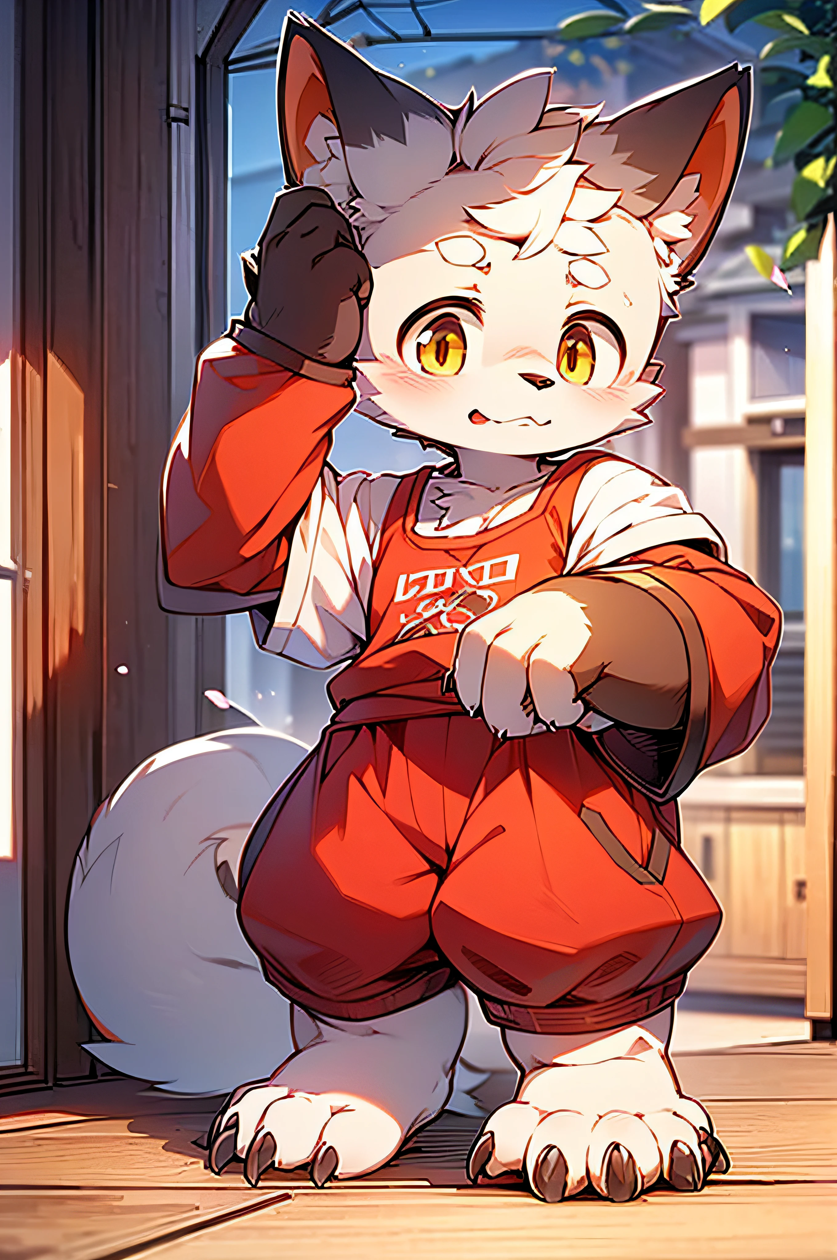 shaggy,grey fur,male people,canid,arctic fox,solo person,sharp talons,Detailed fur,Golden eyes,Thick eyebrows,Fluffy tail,red short sleeves,short white pants,ultra - detailed:1.0,Libido boy,toddlers,children,children's,Gamine,Beast too,Shota(Via Dagasi:1.1),anatomy correct,Red Claw,Bare claws,Barefoot paws,Barefoot paws,standing on your feet,attention,bald-headed,Animal foot paws,