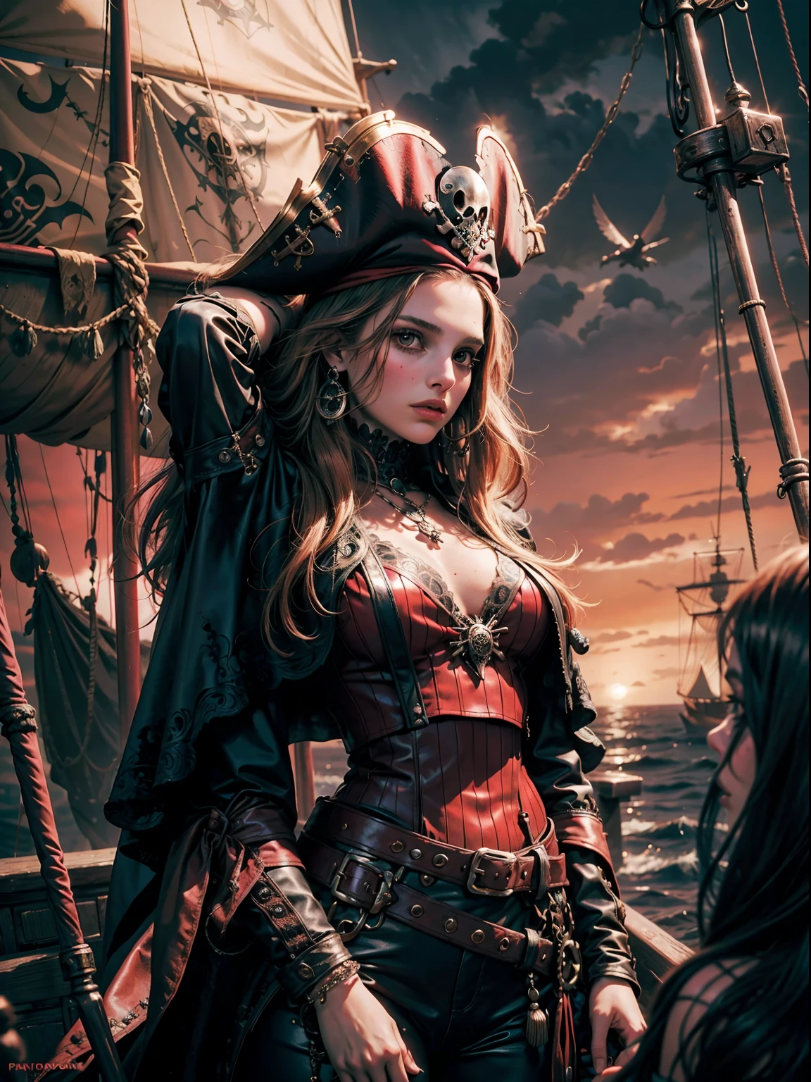 1970's dark fantasy heavy metal. natalie portman as pirate girl. (pirate ship night desolation). freckles. slender and beautiful. intricate detail. red leather outfit. vibrant colors