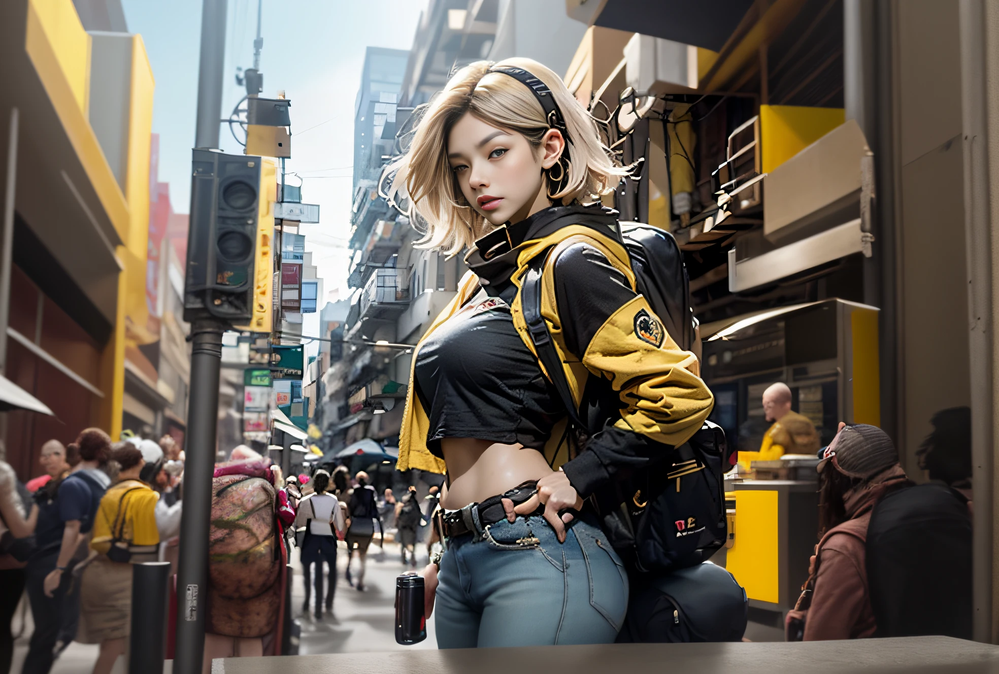 best quality, highres, solo, blonde hair, a female character is wearing a yellow and black colored outfit with a backpack and a yellow vest, dark black and yellow travel & sports leisure, blue eyes, long hair, hoop earrings, headphones, chunky cuban link jewelry, medium breasts, loose and fluid, pigeoncore, elaborate costumes, neo-dadaist, outdoor conference, mechanized precision, in the style of mecha sci-fi anime