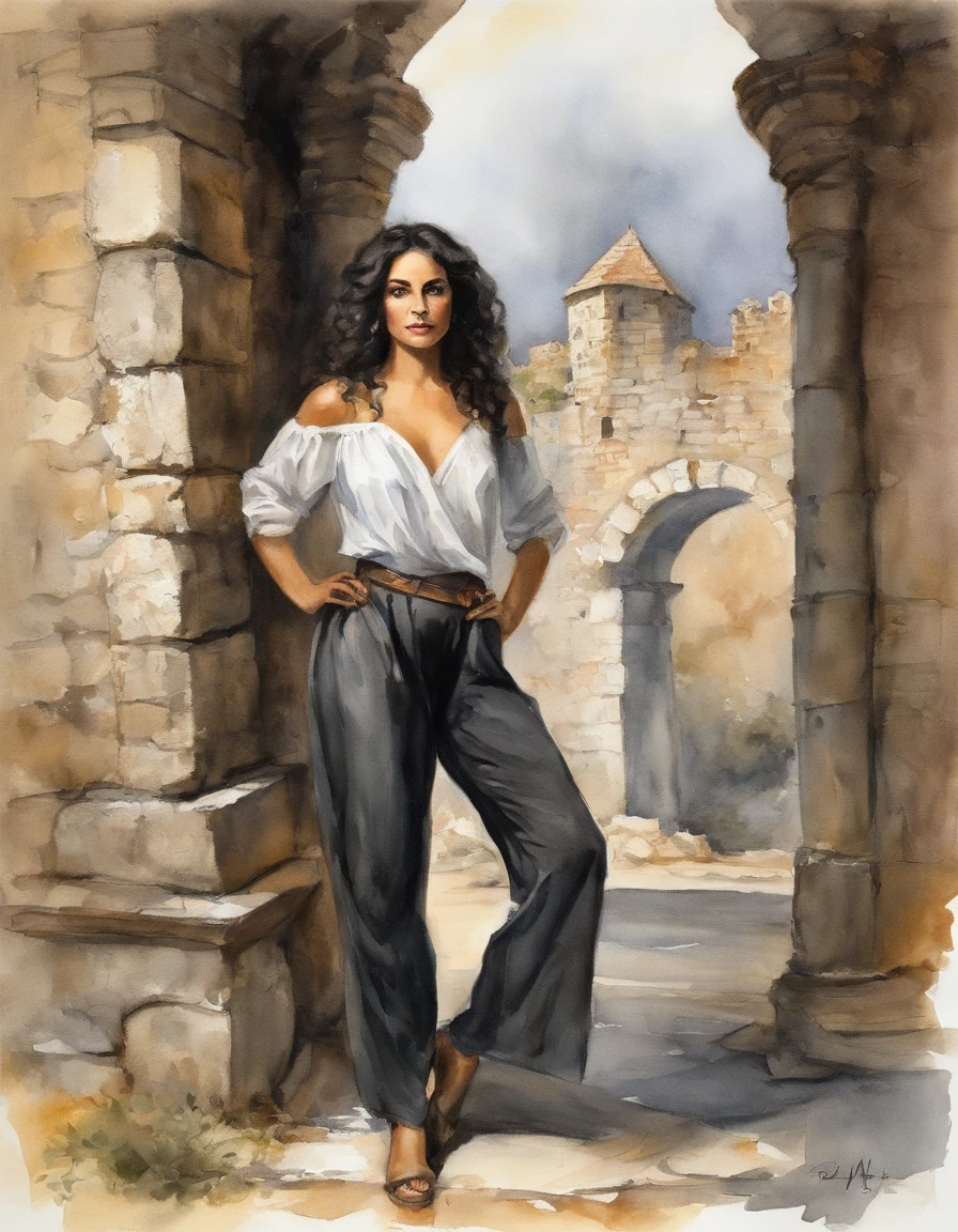 woman of defined body, alone, rapier in her hand, black hair, curly locks of hair, short hair, ((social blouse of black and gray color, black and long gray pants)), social shoes of black color, serious look, eyes of light amber and slate grey color, castle ruins.