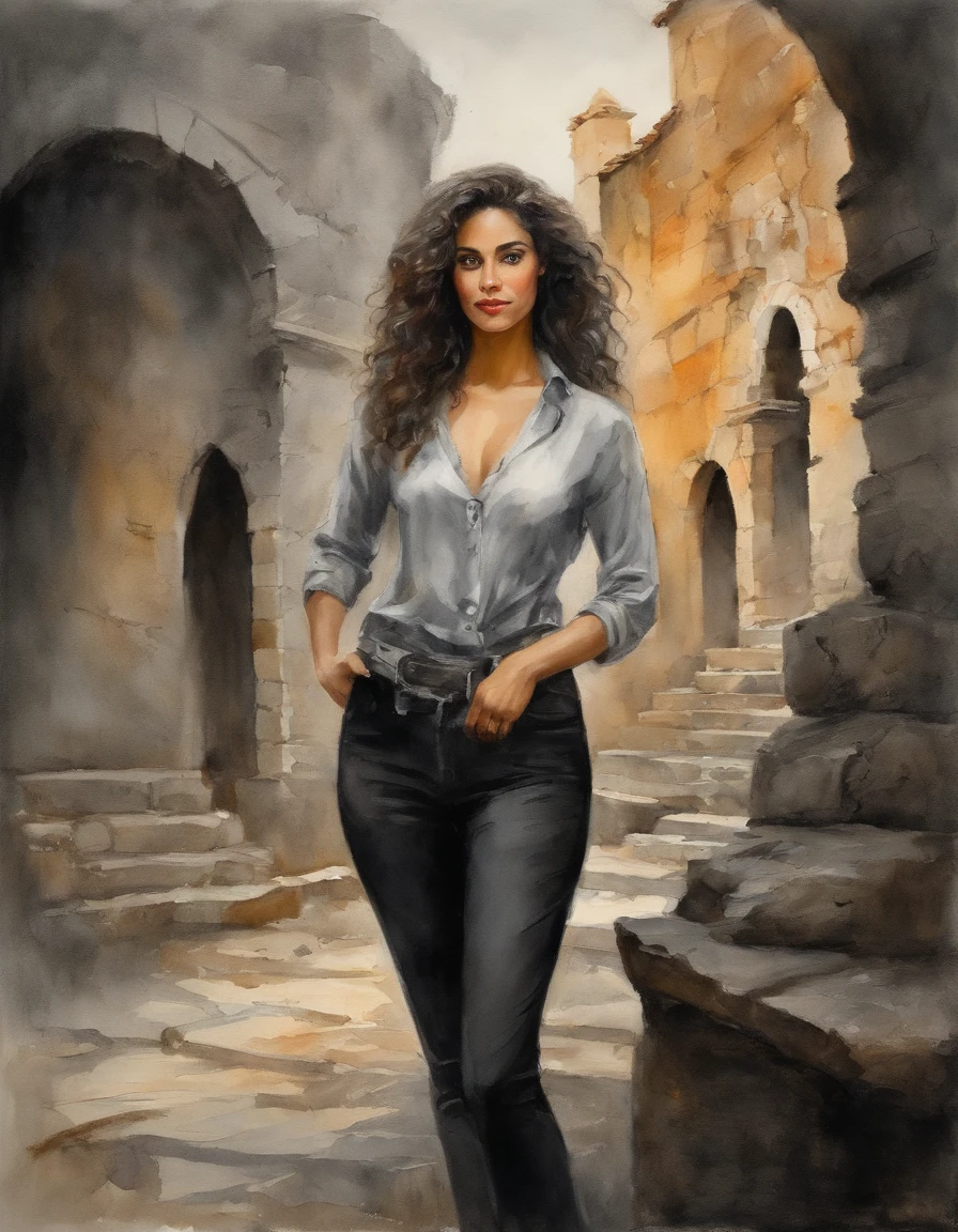 woman of defined body, alone, rapier in her hand, black hair, curly locks of hair, short hair, ((social blouse of black and gray color, black and long gray pants)), social shoes of black color, serious look, eyes of light amber and slate grey color, castle ruins.