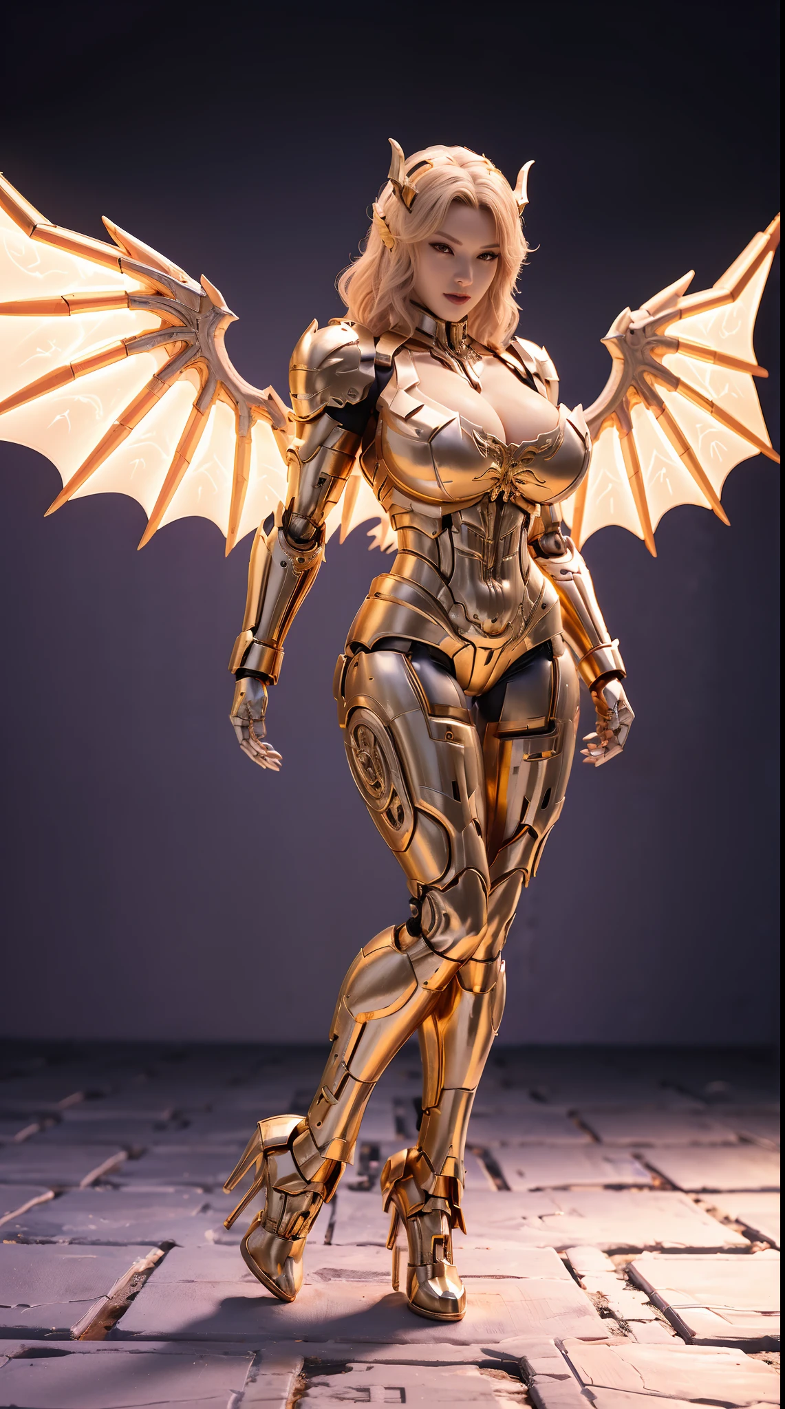 (DRAGON HEAD), HUGE FAKE BOOBS, (BEAUTIFUL FACE), (GOLD:1.2, WHITE:0.8, PURPLE:0.9), (MECHA ARMORED GEAR), (((A PAIR OF HUGE MECHANICAL WINGS SPREAD OUT))), FUTURISTIC DRAGON MECHA SUIT, (CLEAVAGE), (SKINTIGHT YOGA PANTS), (HIGH HEELS), (PERFECT BODY:1.2), (FULL BODY VIEW), FRONT, (STANDING:1), SEXY MUSCULAR BODY, MUSCLE ABS, UHD, 8K, 1080P.
