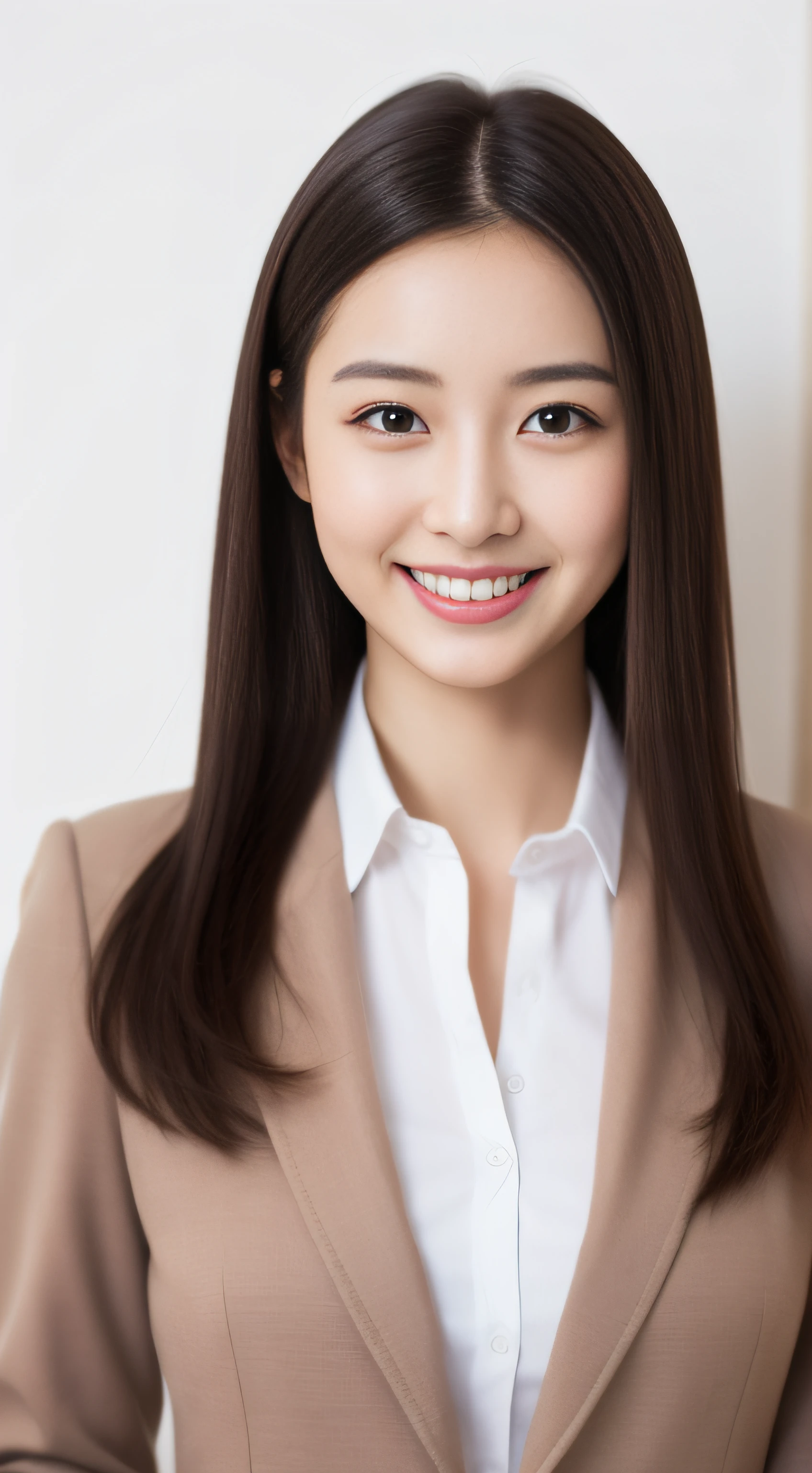 The face is a hostess、Wear a jacket suit、hiquality、A hyper-realistic、healthy、Smiling expression、Slender perfect figure、Japan beauties、beautidful eyes、face perfect、Beautiful skin、White background