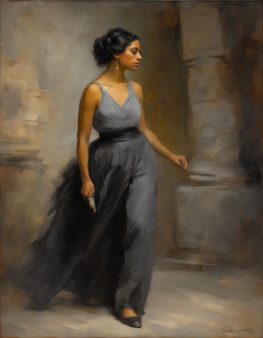 woman of defined body, alone, rapier in her hand, black hair, curly locks of hair, short hair, ((social blouse of black and gray color, black and long gray pants)), social shoes of black color, serious look, eyes of light amber and slate grey color, castle ruins.