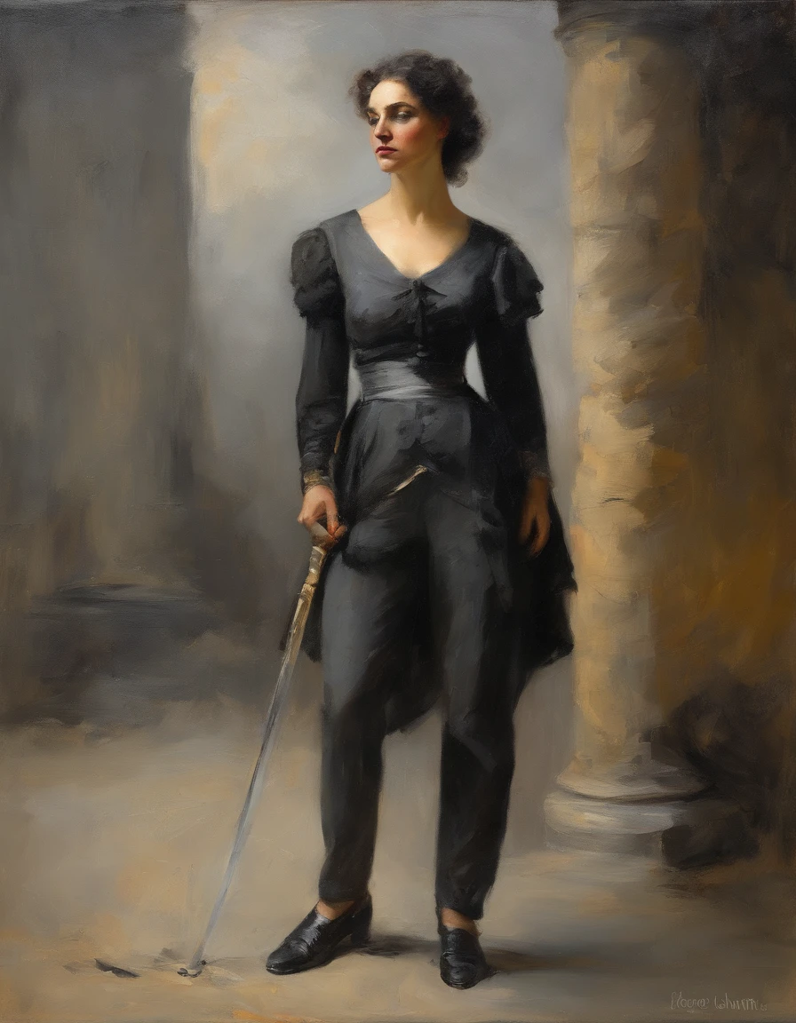 woman of defined body, alone, rapier in her hand, black hair, curly locks of hair, short hair, ((social blouse of black and gray color, black and long gray pants)), social shoes of black color, serious look, eyes of light amber and slate grey color, castle ruins.