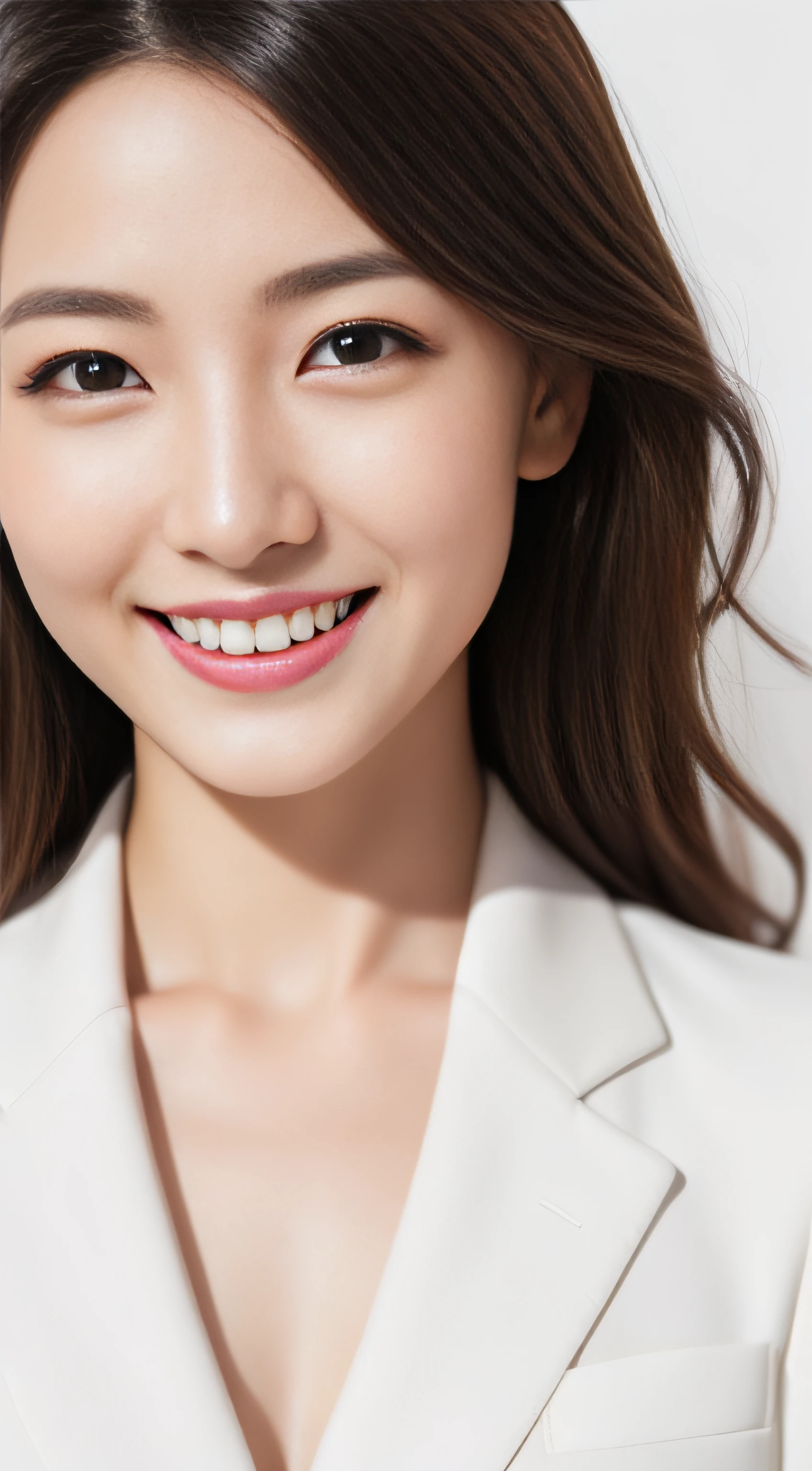 The face is a hostess、Wear a jacket suit、hiquality、A hyper-realistic、healthy、Smiling expression、Slender perfect figure、Japan beauties、beautidful eyes、face perfect、Beautiful skin、White background