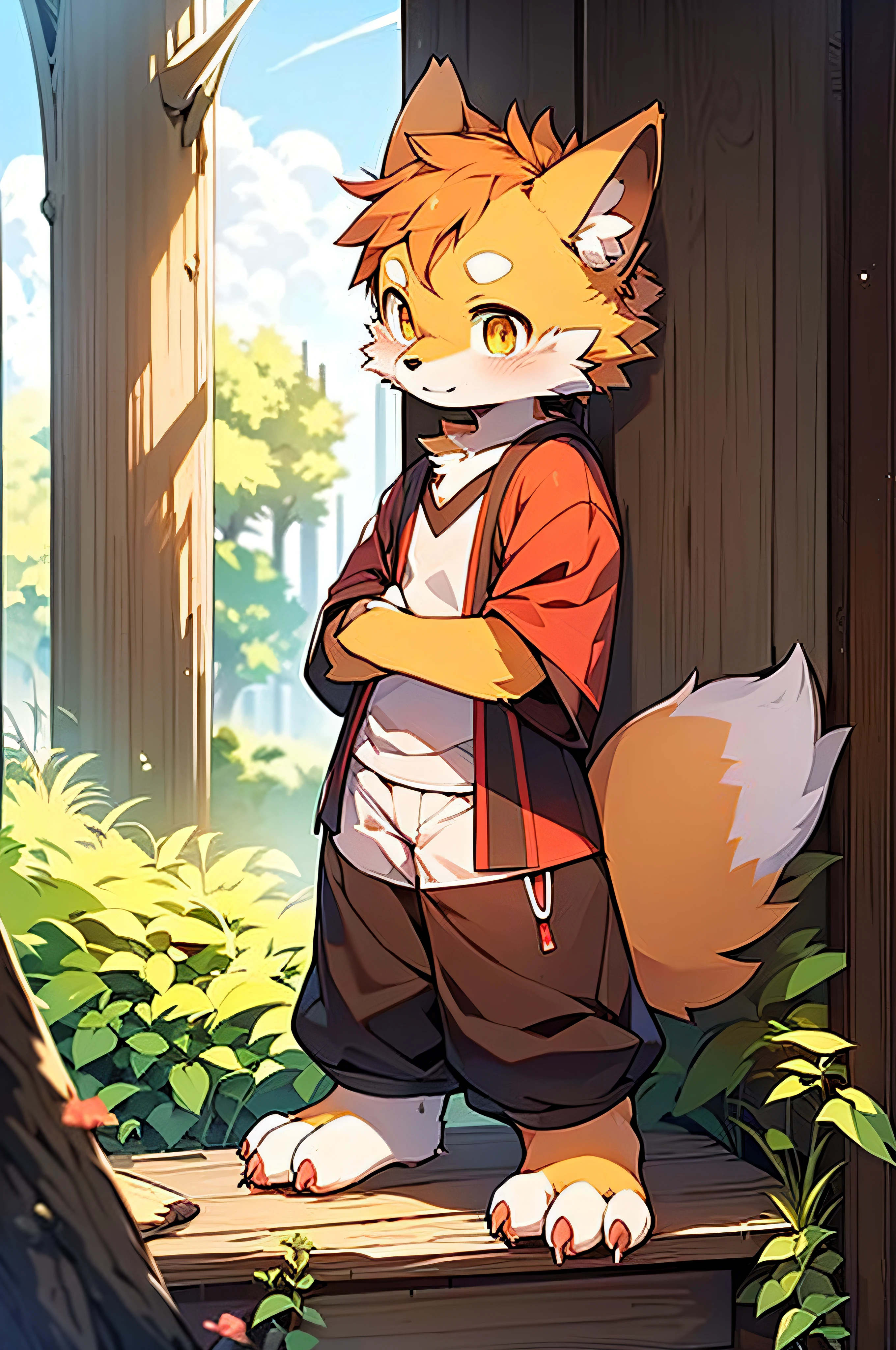 shaggy，Yellow fur，Yellow fur，Yellow fur，male people，canid，red fox，red fox，red fox，solo person，sharp talons，Detailed fur，Golden eyes，Thick eyebrows，Fluffy tail，red short sleeves，short white pants，ultra - detailed：1.0，Libido boy，toddlers，children，children's，Gamine，Beast too，Shota（Via Dagasi：1.1），??????? correct，Red Claw，Bare claws，Barefoot paws，Barefoot paws，standing on your feet，attention，bald-headed，Animal foot paws，