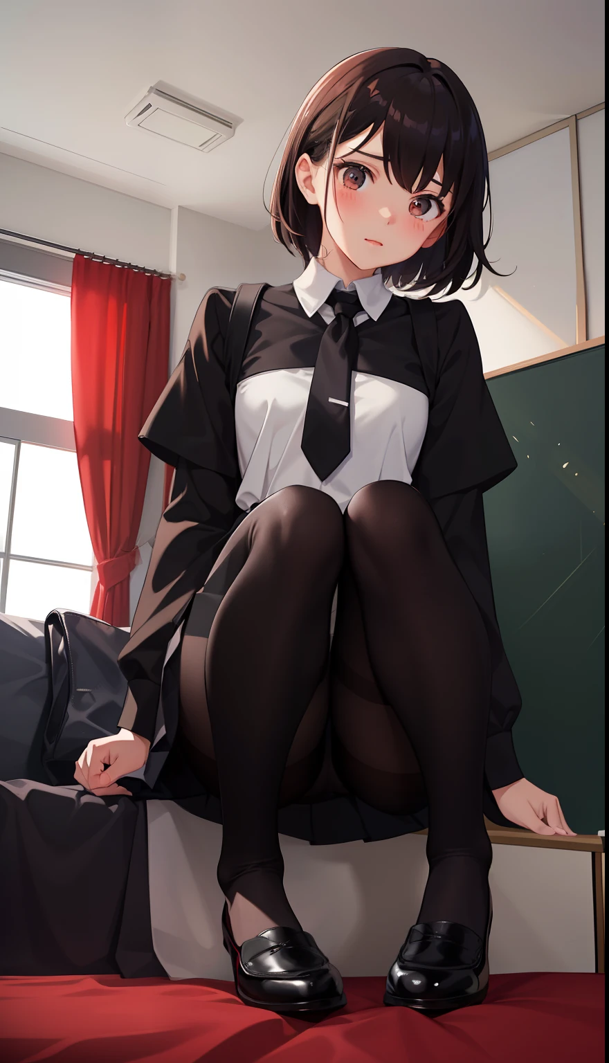 1girl in、Front-facing、Composition from below、Full body portrait、brown haired、Shorthair、Medium haircut、red blush、Absolute Area、Black knee socks、Black knee high、Black stockings、Black pantyhose、Black Lace Pantyhose、White underwear、white panties、No shoes、Shoes are taken off、White pleated skirt、student clothes、Japan High School Student Uniform、summer clothing、Bedrooms、inside the house、during daytime、(small tits)、((full bodyesbian))、masterpiece、(top-quality)