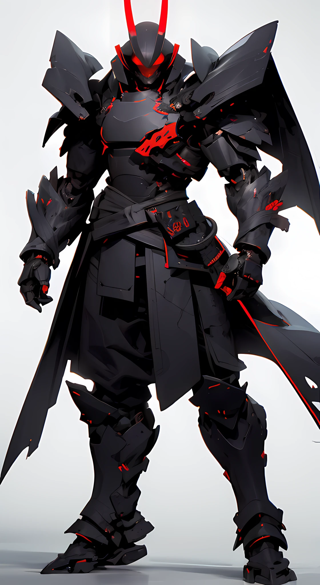 a full body of a black robot with red lights, samurai style, sleek design, black demon armor, demonic japanese style helmet, black colored helmet, dark, black color reflected armor ,cyber japan style armor, corrupted armor, black armor, fractal armor, cyber fight armor, black heavy armor, high-tech black armor, black and red reflected armor, neon armor, holding odachi, demon lord, spectrum darkness prime, humanoid ,anime mech armor, best quality, no background