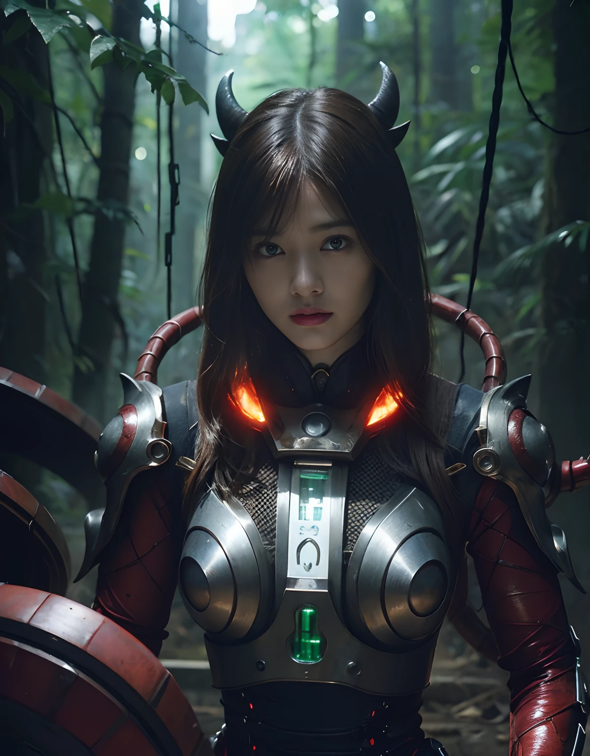 (1 Mechanical Girl)、(Mystical expression)、top-quality、masterpiece、超A high resolution、(Photorealsitic:1.4)、Raw photo、1人、Fight mutants、glowy skin、(((1 Mechanical Girl)))、(Red Metal Bodysuit)、(Fight goblings、ogre、Fierce battle with orcs),(Fight fiercely against aliens)、Fight fiercely、(beautiful forest background)、(Fighting Demonic Beasts)、(Small LED)、((super realistic details))、portlate、(Strong giant demon beast background),globalillumination、Shadow、octan render、8K、ultrasharp、Colossal tits、Raw skin is exposed in cleavage、red metal、Details of complex ornaments、Japan details、highly intricate detail、Realistic light、(Mystical expression),CGSoation Trends、Blue eyes、radiant eyes、Facing the camera、neon details、(Mechanical limbs)、(blood vessels connected to tubes)、(Wires and cables connecting to the head)、Small LED、,Mechanical thighs、Toostock、(Hands are also made of machines)、(Precipitous cliffs、fortress)、机器人、