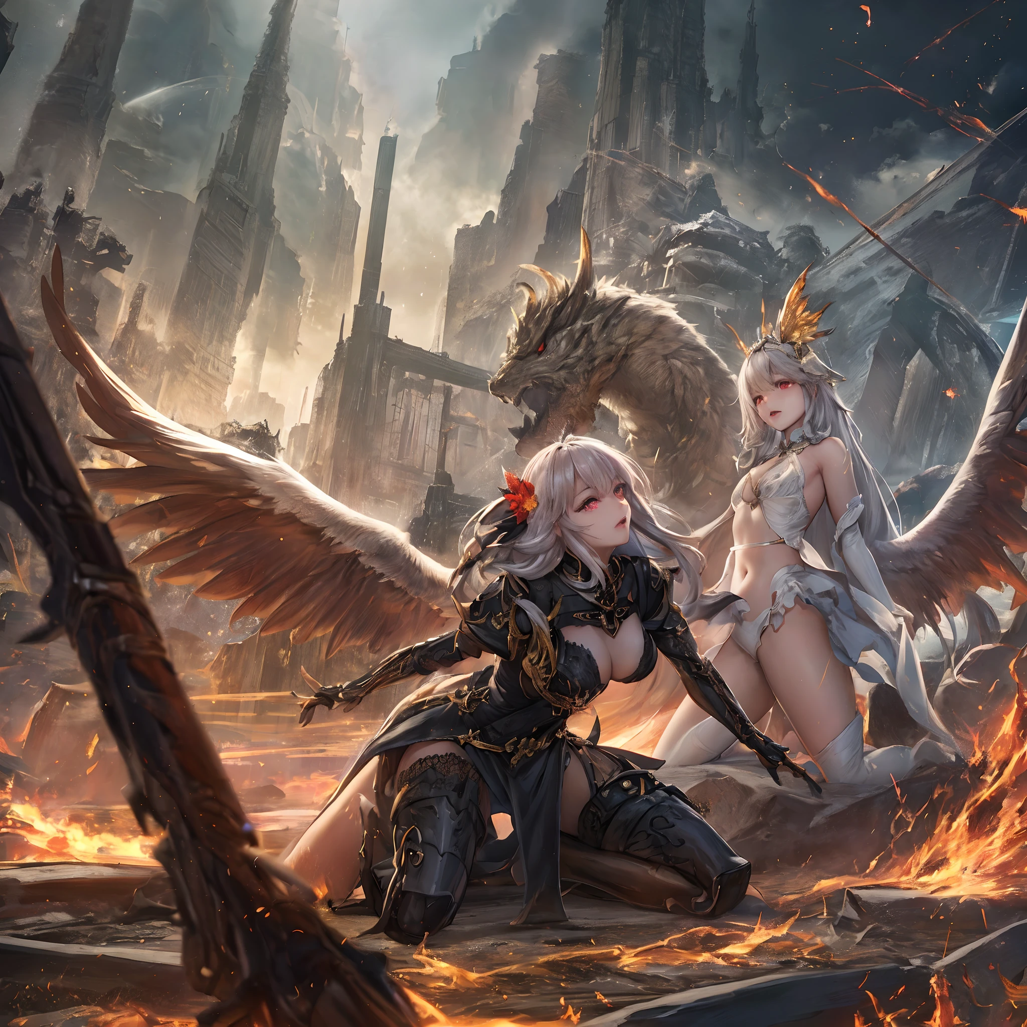 (masutepiece, Best Quality: 1.2), Girl with phoenix wings standing in a ring of fire, with glowing red eyes, phoenix, The lotus flowers, Red gold Pink, Sunrise girl from mountain on background, spreading her wings, wearing a coat of white feathers,,,,,,, Wings full of the back, Radiant Hello, long hair flowing, Mechanical wings dancing delicately at the waist, Medium Figure, Sunken navel, curtains of white feathers on the pelvis move slightly,,,,,,, Mini wings scattered on the body, multiple wings with a yellow sheen,,,,,, Soft yellow fire between the wings.((16 K,Ultra Definition、The highest masterpiece,Best Quality)), maxiskit, dress conservatively 1 girl, 独奏, Full body, wide shoot, Graceful standing, holding sword down, White hair, Long hair, valkyrie, armor, Angel, White bra, side bun, from the front side, extra size body, Night, mont, look at viewr（（Super best quality））， （（A very masterpiece））， （（super detailing：1.4））， （（hyper realistic lifelike 3d））， Dragon Warrior Girl， Mechanical body， Dynamic action poses in battle scenes， Mechanical weapons of very complex and heavy fighters， Off-the-shoulder fashion that blends dense and complex steampunk with dense gothic lolita， Complex steampunk headgear， very thin long legs， Mechanical boots above the knee， Fluttering lace flared mini skirt， beautiful small breasts directed upwards，Somewhat long, Vertical curly silver hair fluttering in the wind，Countless shining large spheres flying around，Many sparks cross and fly，Countless neon signs rained down from magic-evoking gestures，Steampunk Factory，Complex and precise mechanical ruins，Very dark night background，Very dramatic and cinematic lighting。best qualtiy，tmasterpiece，8K，s fractal art，one girls，Long grey hair，Long legs，blackstockings，Sex slaves，Kneeling Pose，
