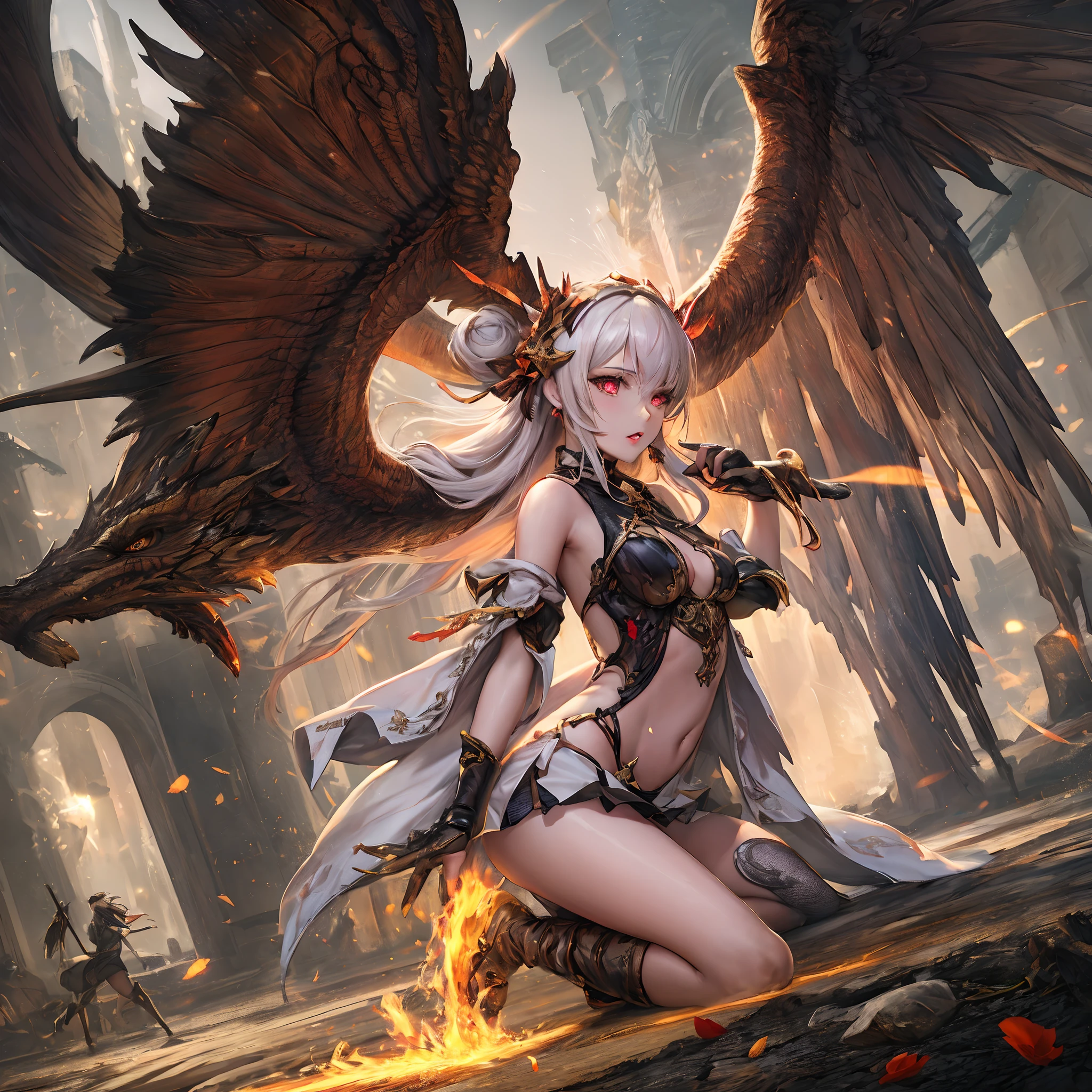 (masutepiece, Best Quality: 1.2), Girl with phoenix wings standing in a ring of fire, with glowing red eyes, phoenix, The lotus flowers, Red gold Pink, Sunrise girl from mountain on background, spreading her wings, wearing a coat of white feathers,,,,,, Wings full of the back, Radiant Hello, long hair flowing, Mechanical wings dancing delicately at the waist, Medium Figure, Sunken navel, curtains of white feathers on the pelvis move slightly,,,,,, Mini wings scattered on the body, multiple wings with a yellow sheen,,,,, Soft yellow fire between the wings.((16 K,Ultra Definition、The highest masterpiece,Best Quality)), maxiskit, dress conservatively 1 girl, 独奏, Full body, wide shoot, Graceful standing, holding sword down, White hair, Long hair, valkyrie, armor, Angel, White bra, side bun, from the front side, extra size body, Night, mont, look at viewr((Super best quality)), ((A very masterpiece)), ((super detailing:1.4)), ((hyper realistic lifelike 3d)), Dragon Warrior Girl, Mechanical body, Dynamic action poses in battle scenes, Mechanical weapons of very complex and heavy fighters, Off-the-shoulder fashion that blends dense and complex steampunk with dense gothic ta, Complex steampunk headgear, very thin long legs, Mechanical boots above the knee, Fluttering lace flared mini skirt, beautiful small breasts directed upwards,Somewhat long, Vertical curly silver hair fluttering in the wind,Countless shining large spheres flying around,Many sparks cross and fly,Countless neon signs rained down from magic-evoking gestures,Steampunk Factory,Complex and precise mechanical ruins,Very dark night background,Very dramatic and cinematic lighting。best qualtiy,tmasterpiece,8K,s fractal art,one girls,Long grey hair,Long legs,blackstockings,Sex slaves,Kneeling Pose,