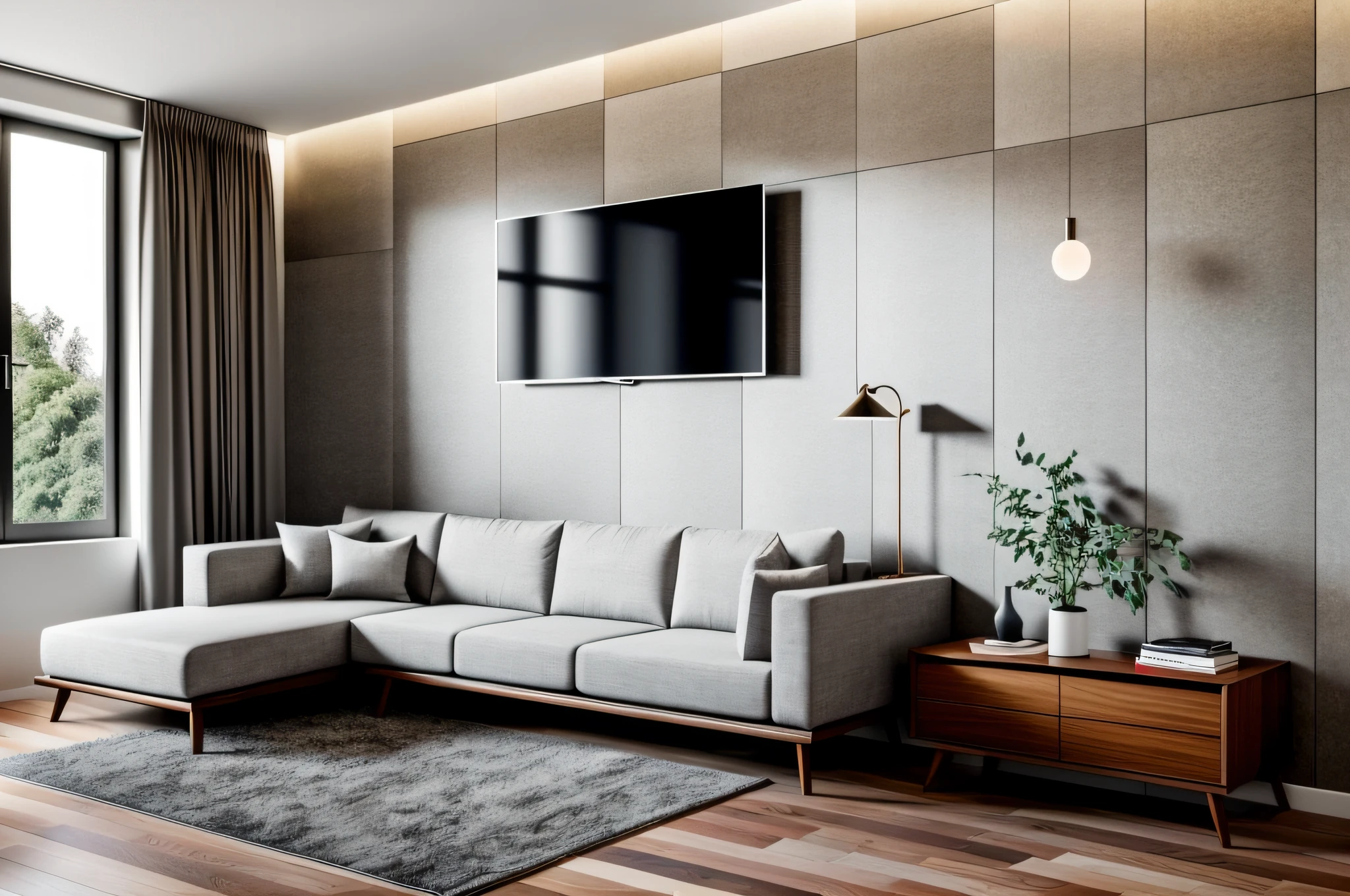 morden Living room design, Sharp focus :1.2, Masterpiece,best quality,8k uhd,dslr,soft lighting,high quality,hyper detail,film grain,Fujifilm XT3, UE 5 render 8k, super high resolution, supper detail:1.2), color block wall decor, abtract poster decor, glossy wood floor