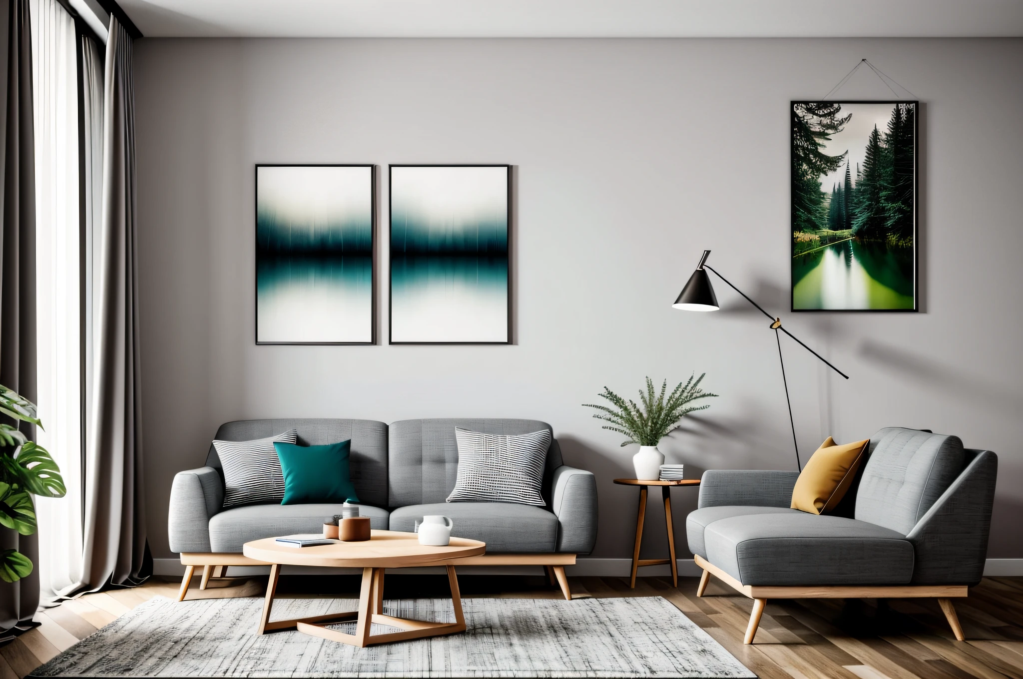 morden Living room design, Sharp focus :1.2, Masterpiece,best quality,8k uhd,dslr,soft lighting,high quality,hyper detail,film grain,Fujifilm XT3, UE 5 render 8k, super high resolution, supper detail:1.2), color block wall decor, abtract poster decor, glossy wood floor