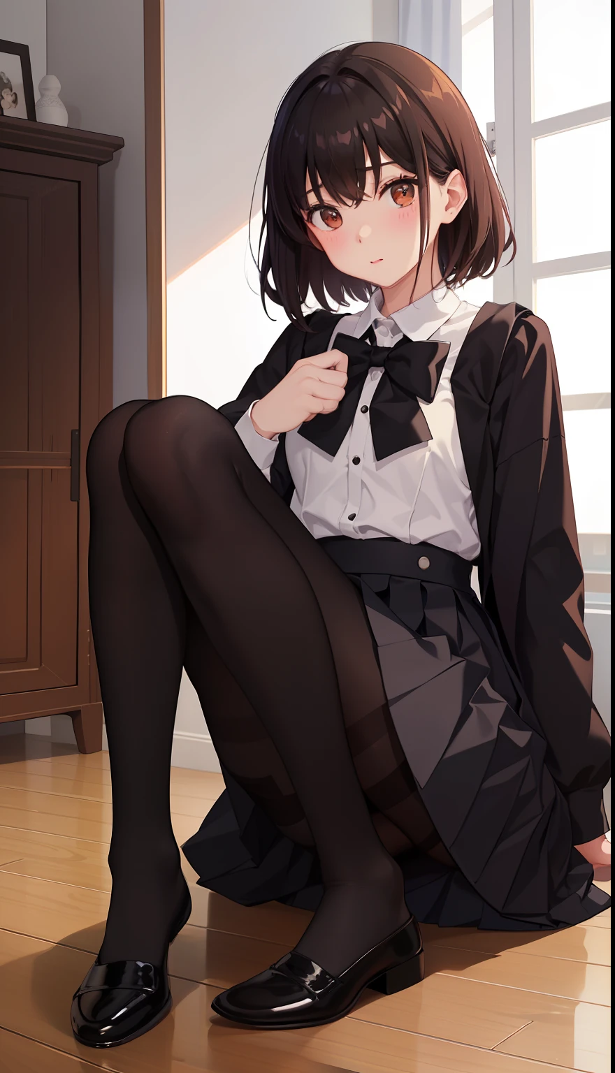 1girl in、Front-facing、Composition from below、Full body portrait、brown haired、Shorthair、Medium haircut、red blush、Absolute Area、Black knee socks、Black knee high、Black stockings、Black pantyhose、Black Lace Pantyhose、White underwear、white panties、No shoes、without shoes、White pleated skirt、student clothes、Japan High School Student Uniform、summer clothing、inside the house、during daytime、(small tits)、((full bodyesbian))、masterpiece、(top-quality)