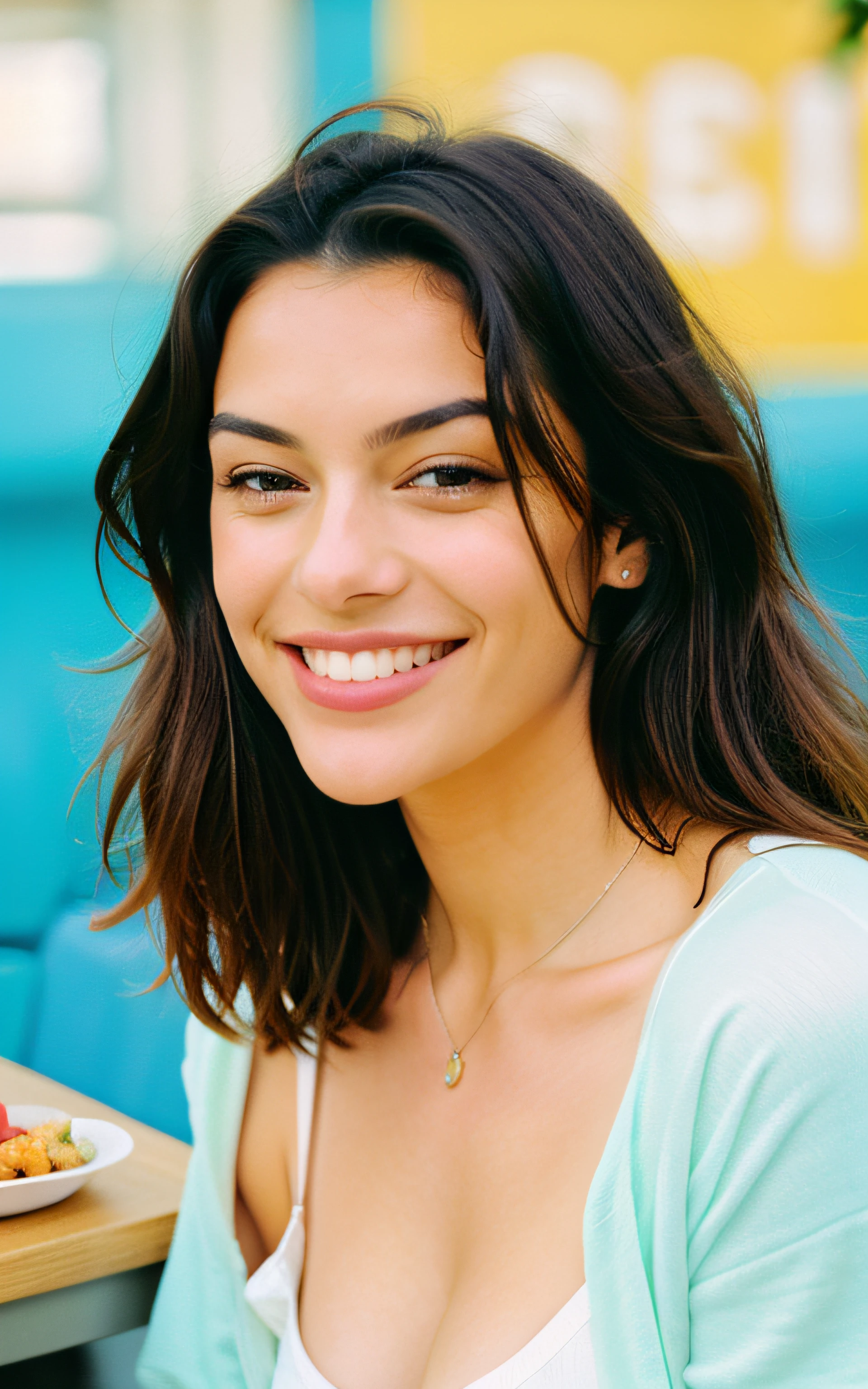 Kodak disposable camera photo of a beautiful woman, sonriendo sugestivamente, healthy lunch