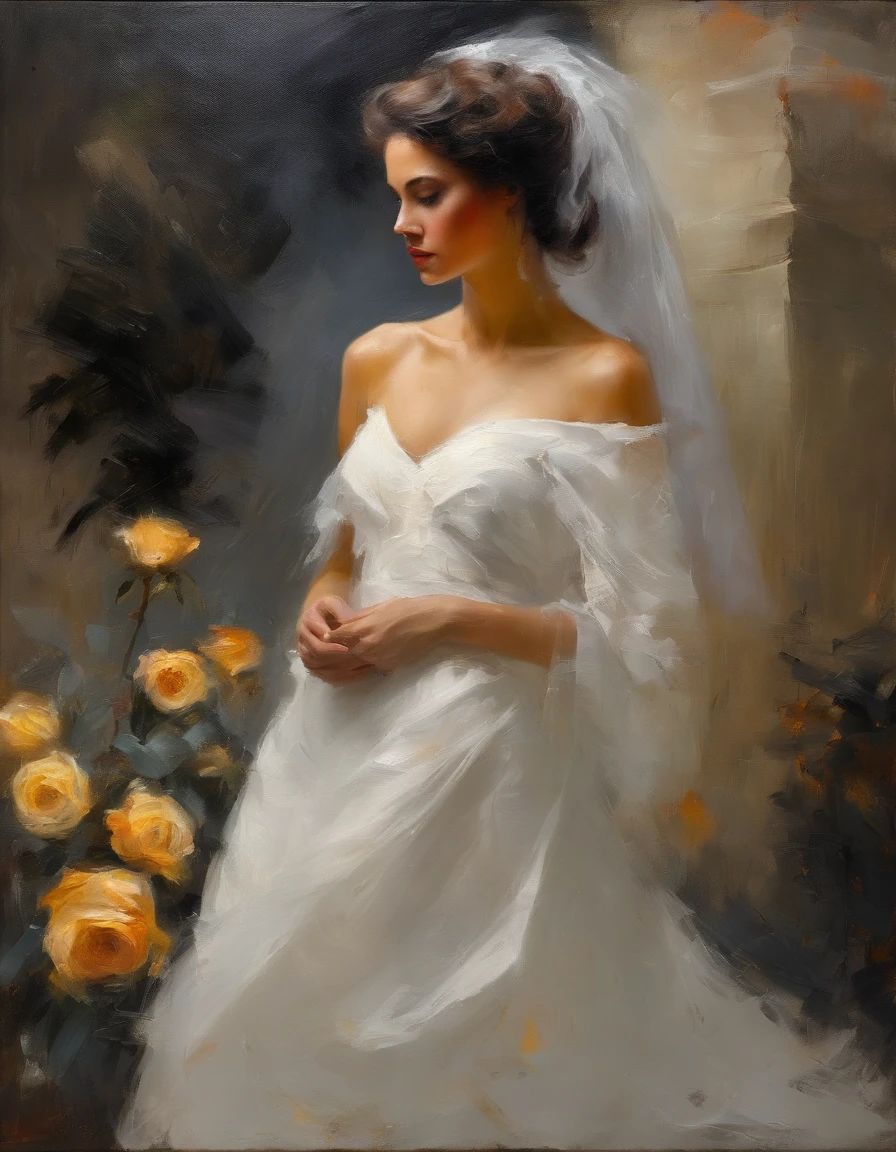 woman of defined body, alone, rapier in her hand, black hair, curly locks of hair, short hair, ((long white wedding dress, white veil, black roses on dress)), social shoes of black color, serious look, eyes of light amber and slate grey color, enchanted garden.