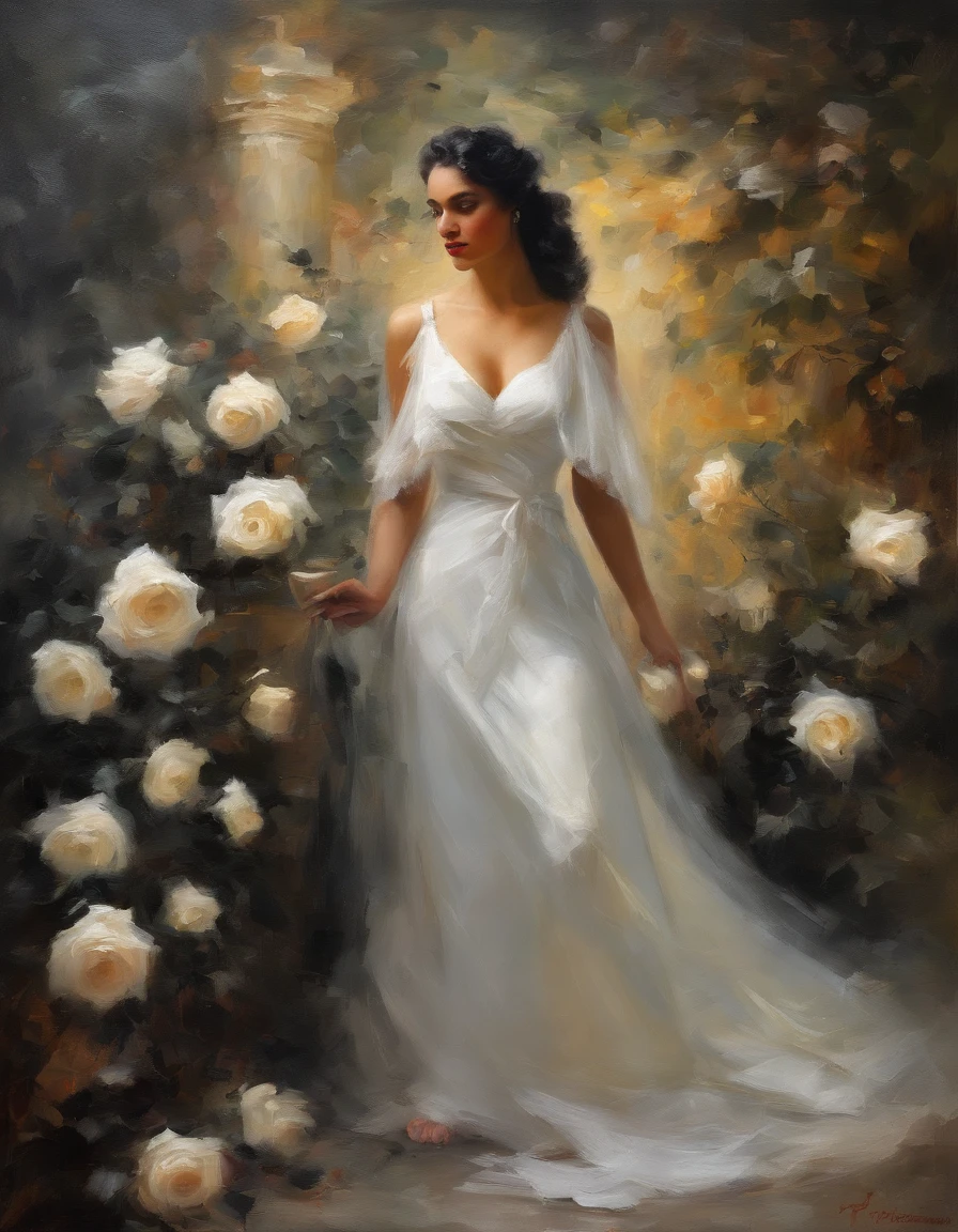 woman of defined body, alone, rapier in her hand, black hair, curly locks of hair, short hair, ((long white wedding dress, white veil, black roses on dress)), social shoes of black color, serious look, eyes of light amber and slate grey color, enchanted garden.