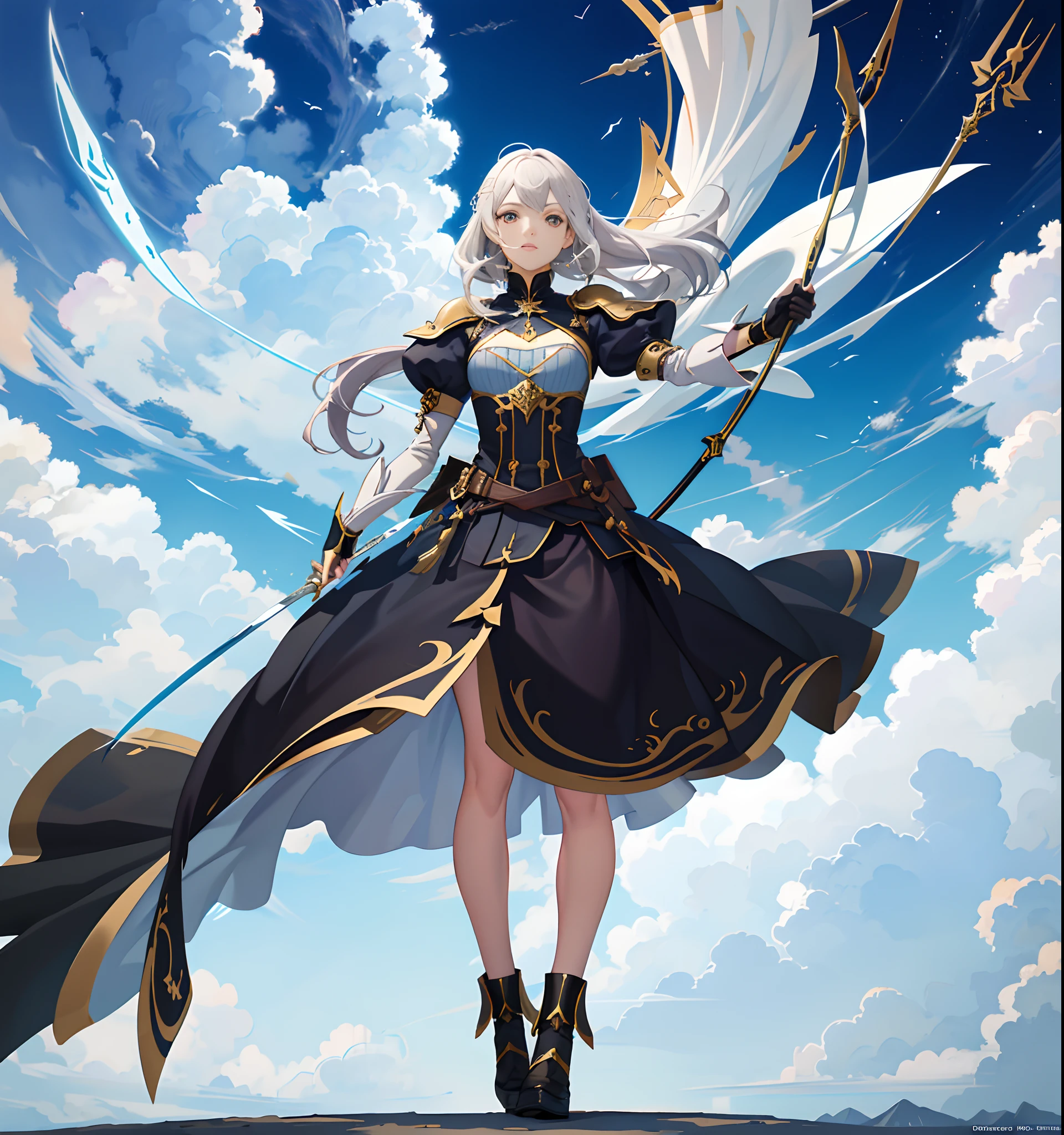 Hay un dibujo de una mujer sosteniendo una espada gigante celestal amarilla, Inspirado por Amano, inspirado por Li Chevalier, Arte Zerochan, sostiene una espada negra, Dark Cloud 2 art style, Ganador del concurso Pixiv, con espada grande, nge dark fantasy, anime in fantasy style, Drakengard, Arte de anime limpio y detallado, Boceto coloreado de alta calidad