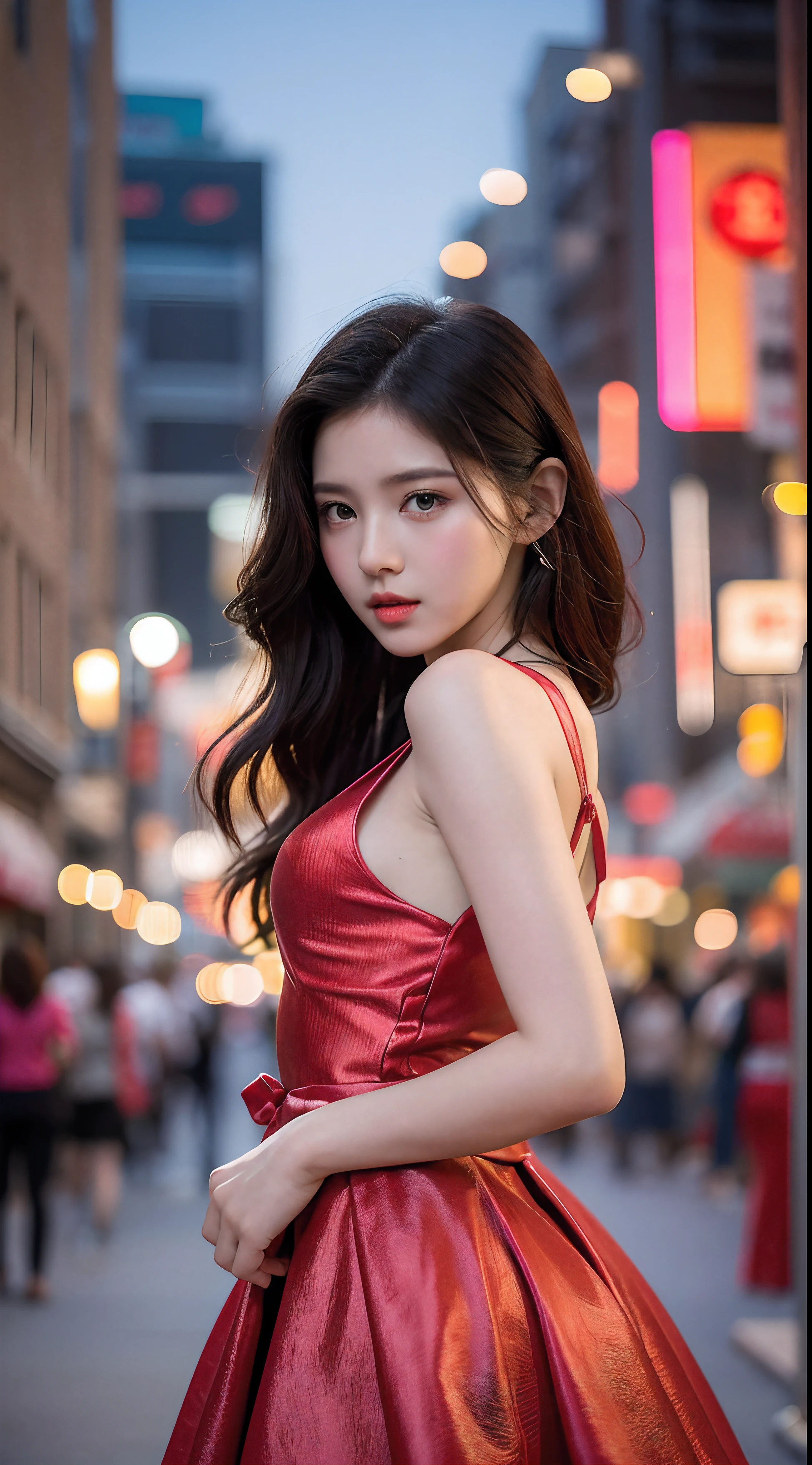 Lovely 17 year old woman, Long brown hair, Brown eyes, Sexy expression，Random actions,Red evening dress,the street lights,neonlight,Bustling street background,(Thin waist:1.1,Princess Eyes),  High quality, Masterpiece, Highly detailed，Seductive eyes