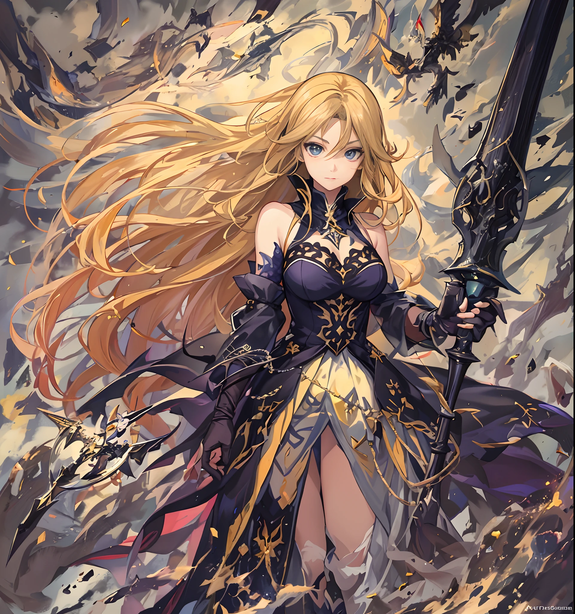 Hay un dibujo de una mujer sosteniendo una espada gigante celestal amarilla, Inspirado por Amano, inspirado por Li Chevalier, Arte Zerochan, sostiene una espada negra, Dark Cloud 2 art style, Ganador del concurso Pixiv, con espada grande, nge dark fantasy, anime in fantasy style, Drakengard, Arte de anime limpio y detallado, Boceto coloreado de alta calidad