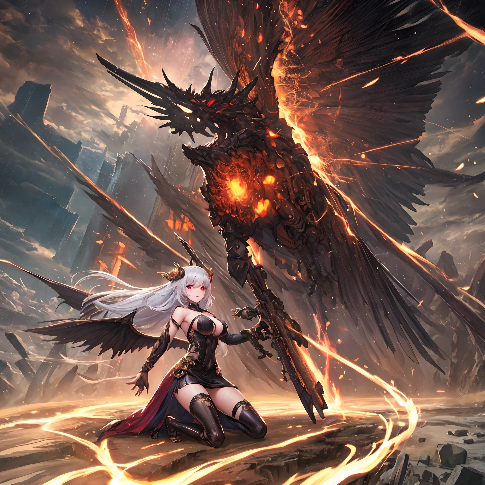 (masutepiece, Best Quality: 1.2), Girl with phoenix wings standing in a ring of fire, with glowing red eyes, phoenix, The lotus flowers, Red gold Pink, Sunrise girl from mountain on background, spreading her wings, wearing a coat of white feathers,,,,,, Wings full of the back, Radiant Hello, long hair flowing, Mechanical wings dancing delicately at the waist, Medium Figure, Sunken navel, curtains of white feathers on the pelvis move slightly,,,,,, Mini wings scattered on the body, multiple wings with a yellow sheen,,,,, Soft yellow fire between the wings.((16 K,Ultra Definition、The highest masterpiece,Best Quality)), maxiskit, dress conservatively 1 girl, 独奏, Full body, wide shoot, Graceful standing, holding sword down, White hair, Long hair, valkyrie, armor, Angel, White bra, side bun, from the front side, extra size body, Night, mont, look at viewr((Super best quality)), ((A very masterpiece)), ((super detailing:1.4)), ((hyper realistic lifelike 3d)), Dragon Warrior Girl, Mechanical body, Dynamic action poses in battle scenes Very complex and heavy fighter mechanical weapons, Off-the-shoulder fashion that blends dense and complex steampunk with dense gothic ta, Complex steampunk headgear, Very thin long mechanical boots above the knee, Fluttering lace flared mini skirt, beautiful small breasts directed upwards,Somewhat long, Vertical curly silver hair fluttering in the wind,Countless shining large spheres flying around,Many sparks cross and fly,Countless neon signs rained down in a magical gesture,Steampunk Factory,Complex and precise mechanical ruins,Very dark night background,Very dramatic and cinematic lighting。best qualtiy,tmasterpiece,8K,s fractal art,one girls,Long grey hair,long leg stockings, slaves,Kneeling Pose,